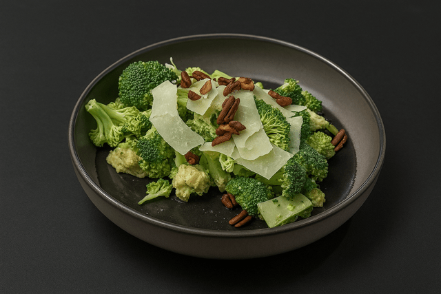broccoli cucumber salad tossed with a house-made vinaigrette topped with candied pecans and parmesan.