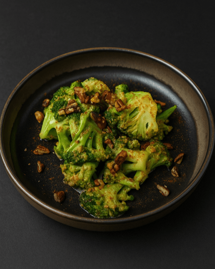 roasted broccoli tossed in a jalapeno aioli, topped with fried garlic, candied pecans and smoked paprika