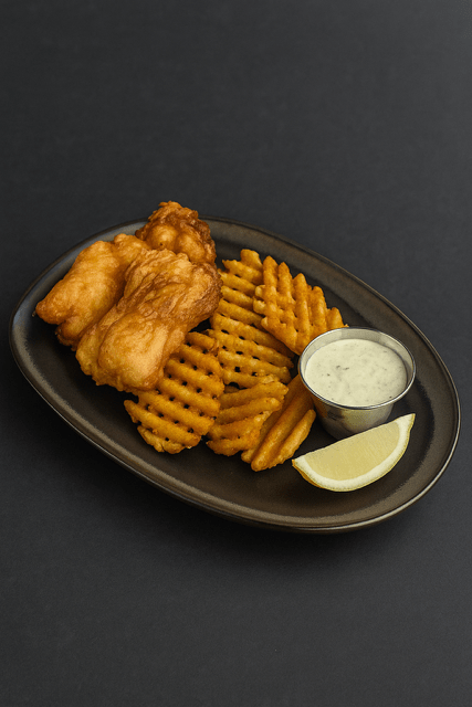 fish and chips with fries and house tartar