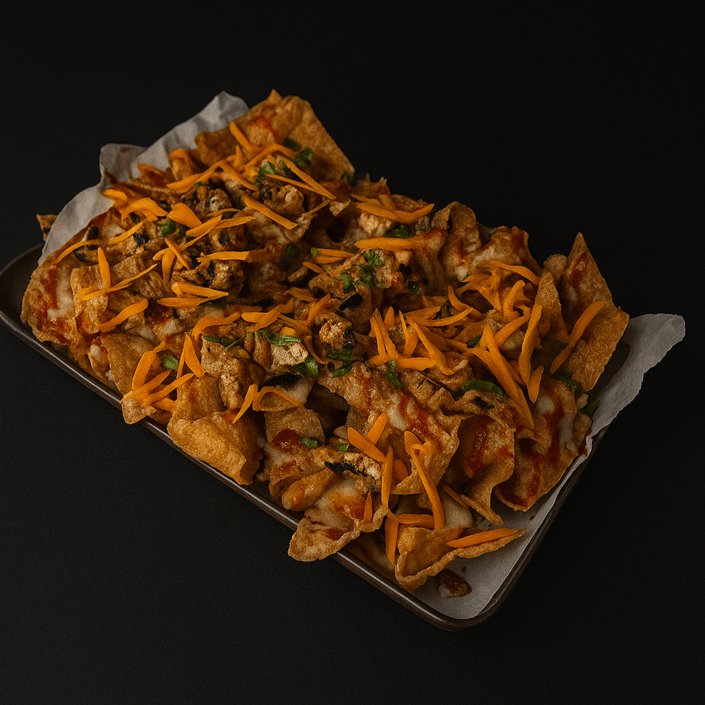 crispy wonton chips tossed with melted mozzarella and drizzled with spicy sriracha and peanut sauce.
