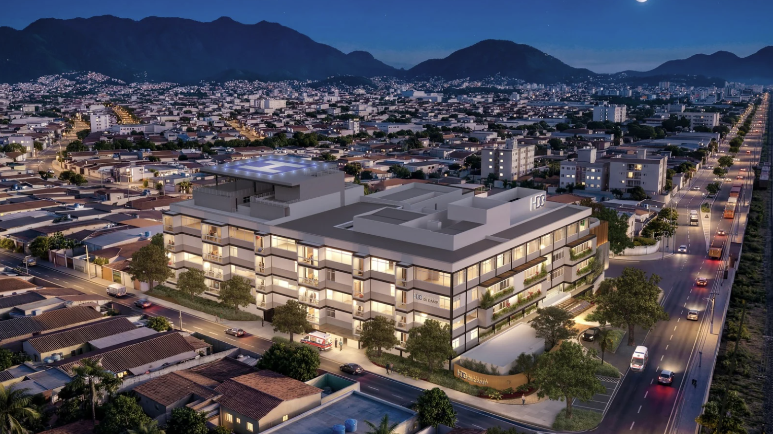 Render do Hospital Di Camp após expansão — projeto ARTO Arquitetura Hospitalar com heliponto e fachada moderna