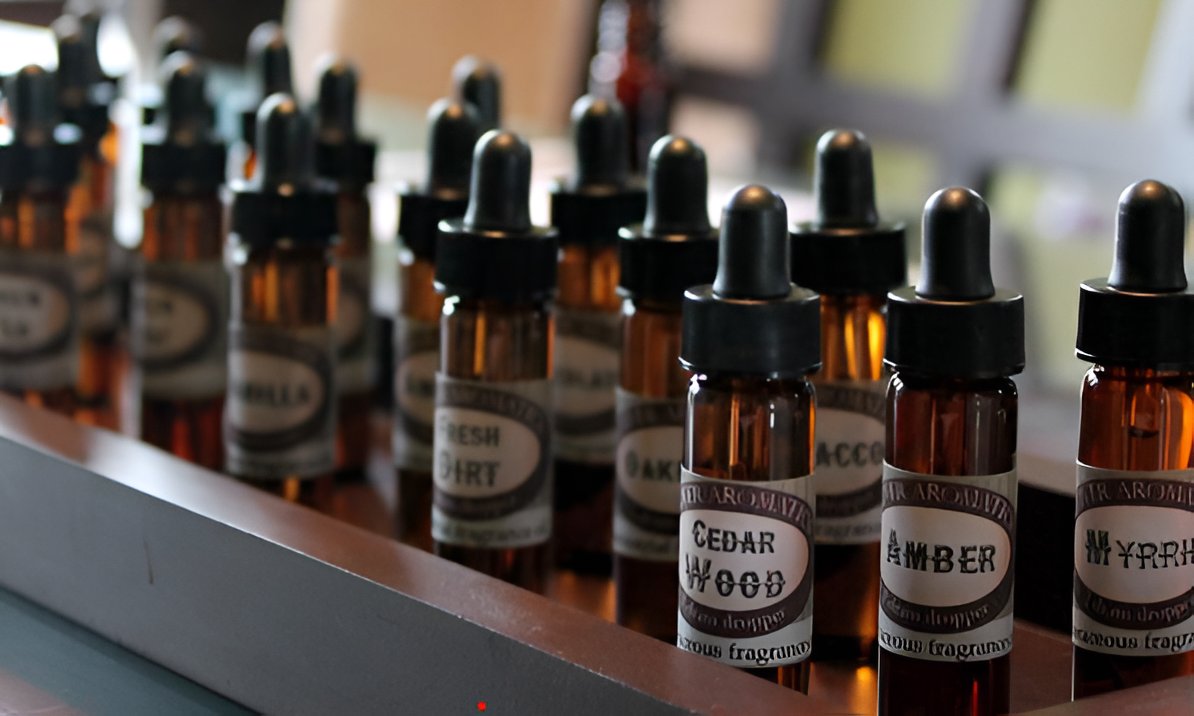 A row of small amber glass bottles with black dropper caps, labeled with various scent names like cedar wood, amber, and yarrow.