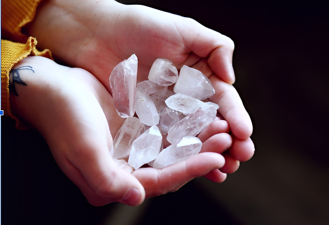 Person holding a handful of clear quartz crystals.