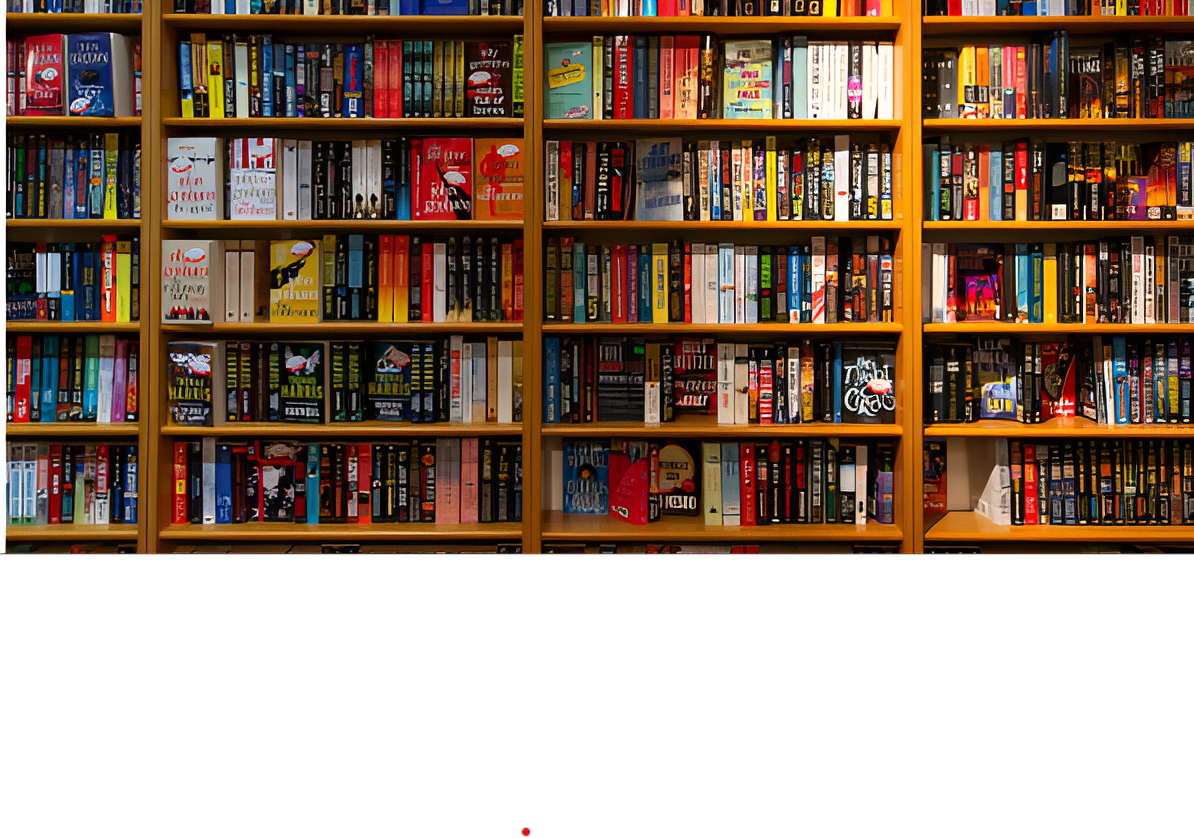 Bookshelves filled with a variety of books in a library or bookstore.