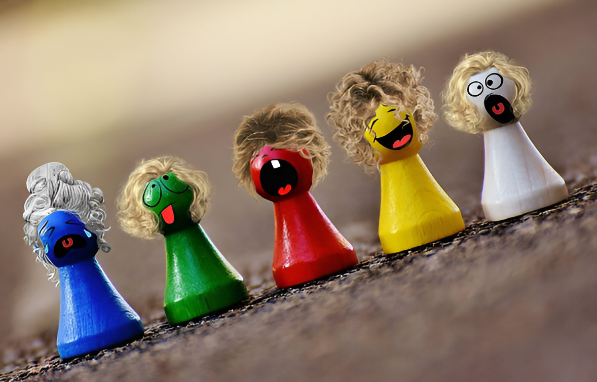 Colorful figurines with cartoonish faces and curly hair, arranged in a line on a textured surface.