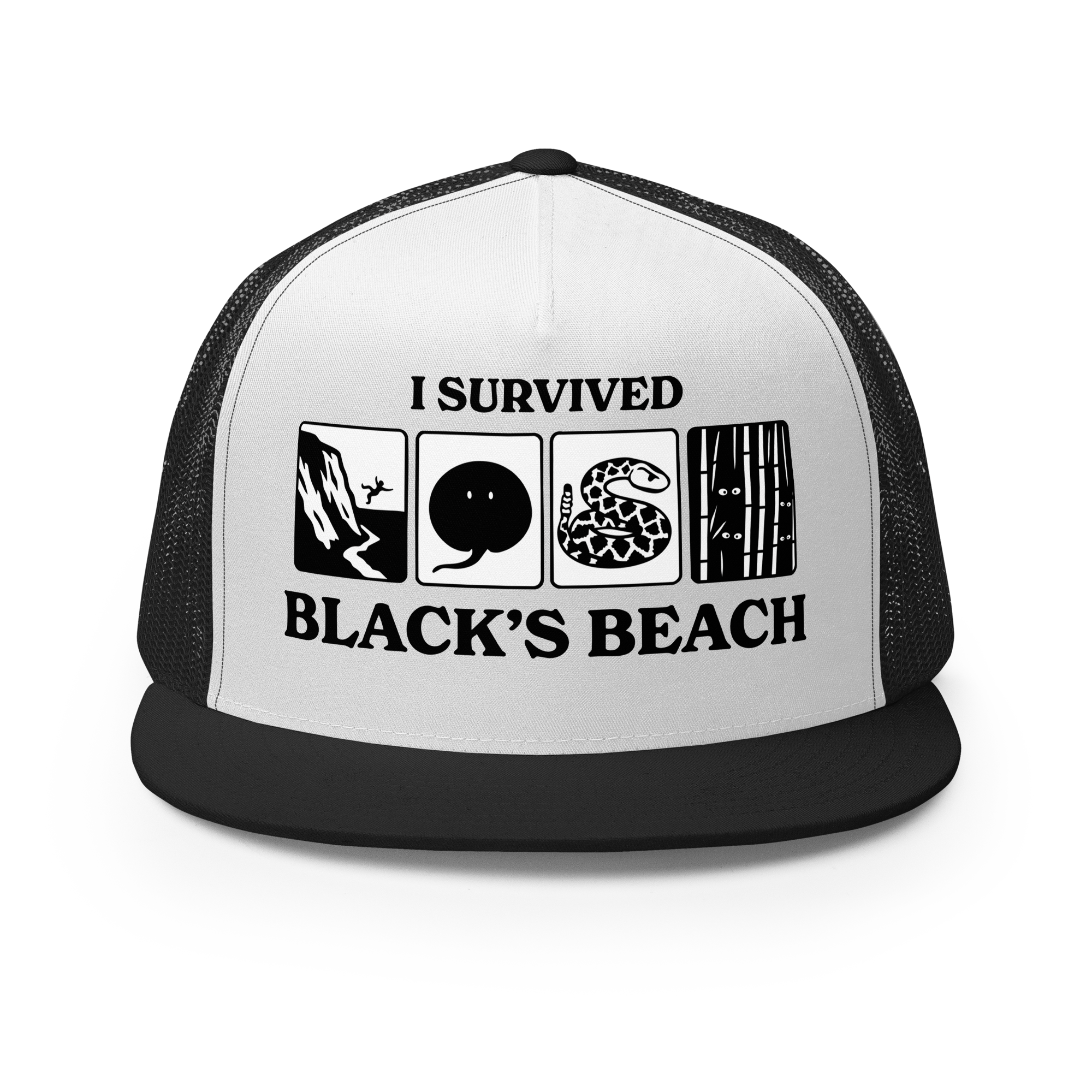 I Survived Black's Beach Premium Trucker Hat (IYKYK Version) — Black Graphic/Black Logo