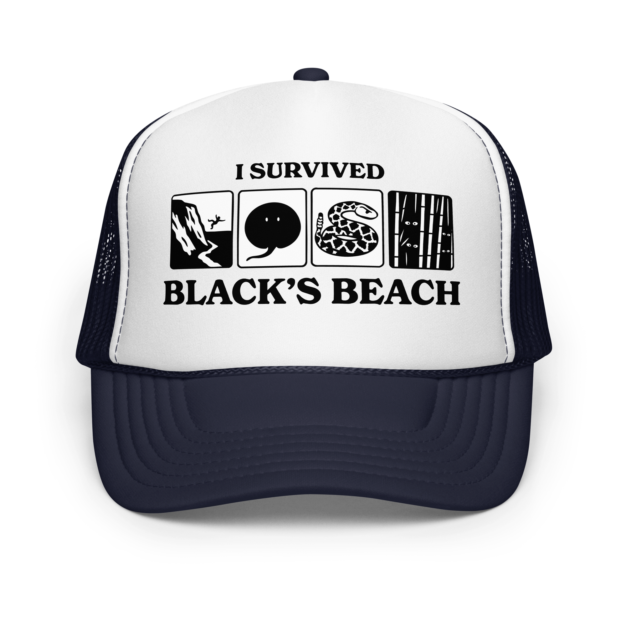 I Survived Black's Beach Basic Bitch Trucker Hat (IYKYK Version) — Black Graphic/Black Logo
