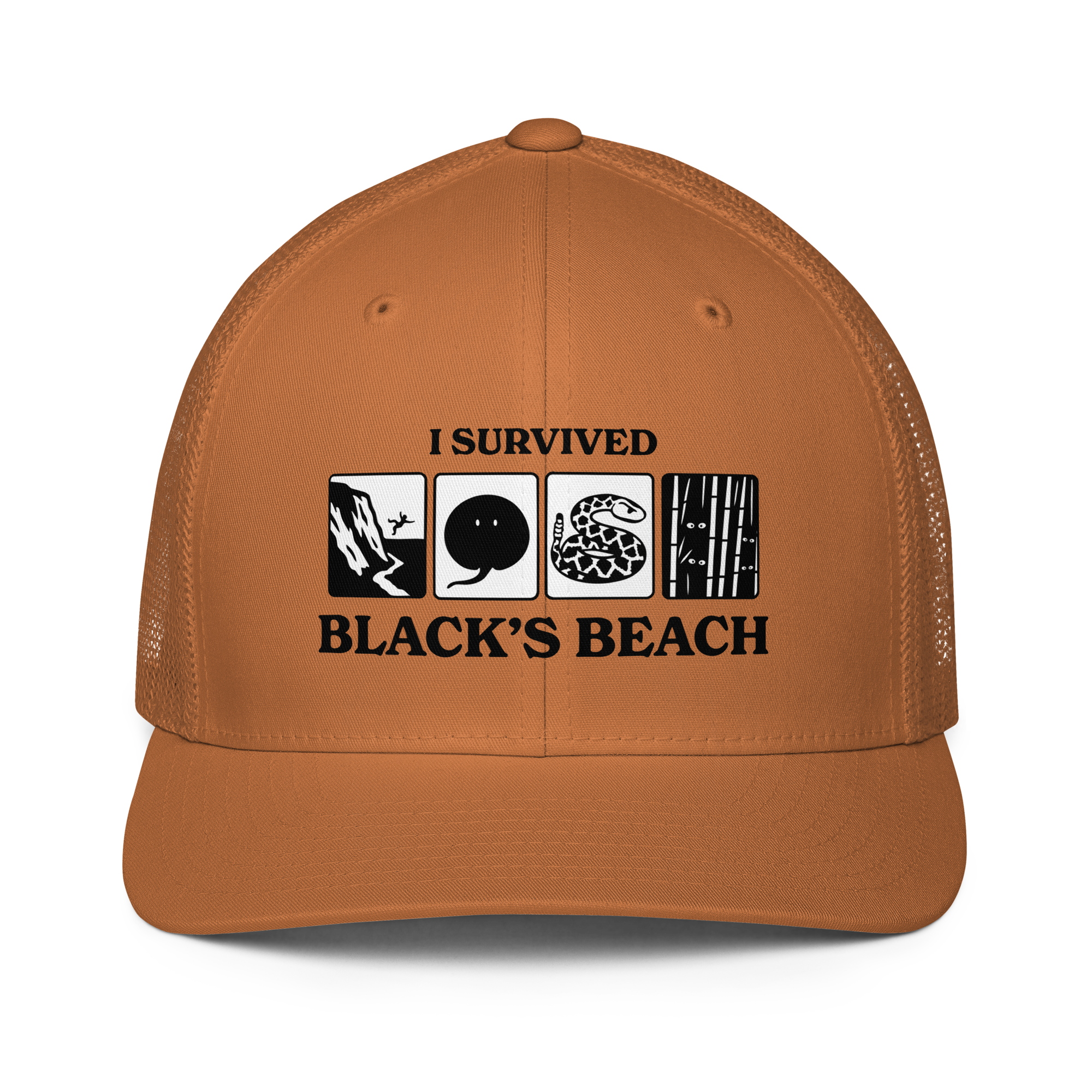 I Survived Black's Beach Flexfit Trucker Hat (IYKYK Version) — Black Graphic