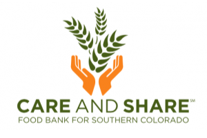Logo for CARE AND SHARE Food Bank for Southern Colorado, featuring two orange hands holding green wheat stalks.