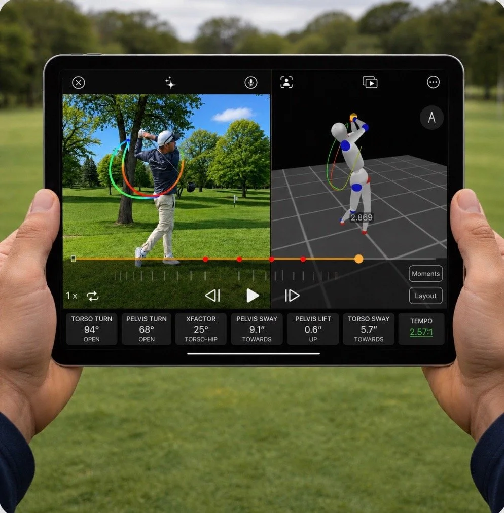 A person holding a tablet displays a golf swing analysis with a split-screen view of the golfer's swing on a golf course and a 3D motion capture model. The app shows detailed swing metrics such as torso turn, pelvis turn, and swing tempo.