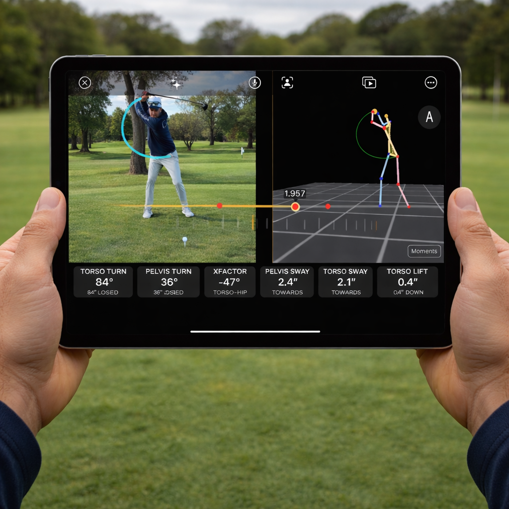Person holding a tablet displaying golf swing analysis on a golf course.