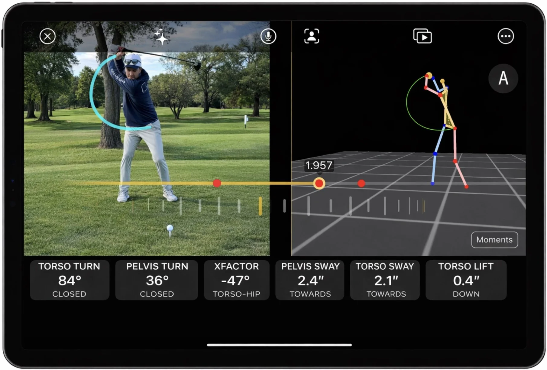 A golfer preparing to swing on a golf course with a digital analysis overlay showing body movement metrics.