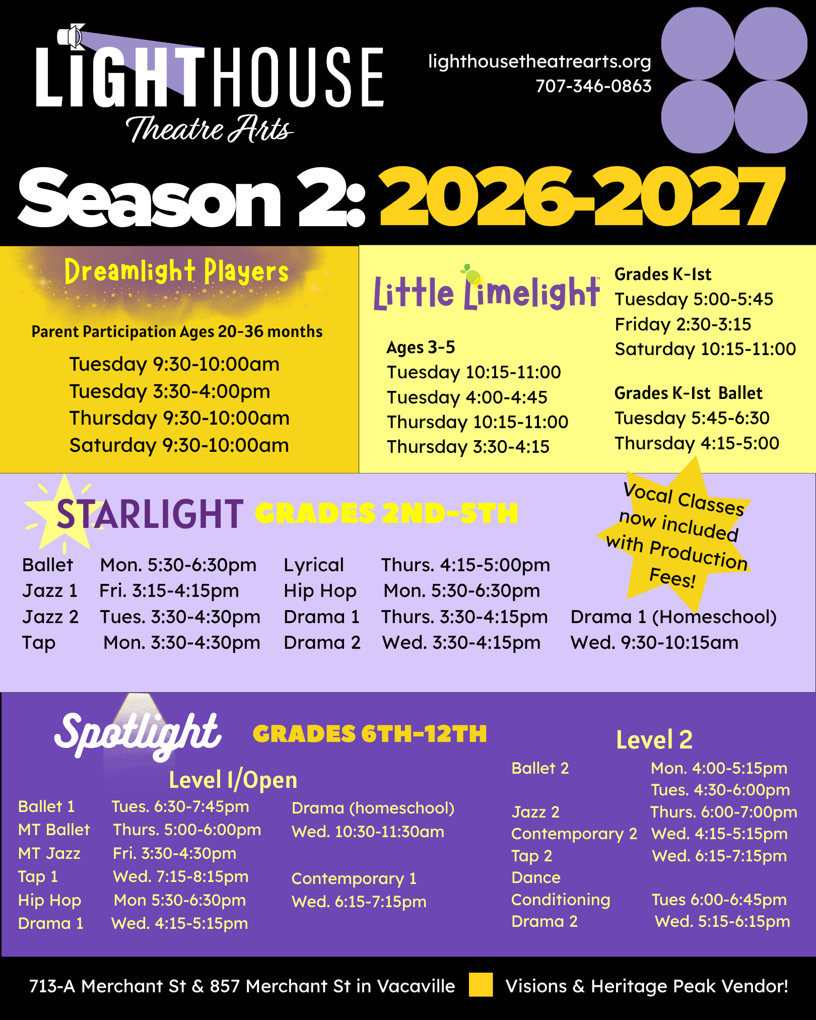 Colorful poster with class schedules for a theater arts program, including sections for age groups 2nd-5th, 6th-12th, and adult classes, with contact information and location details.