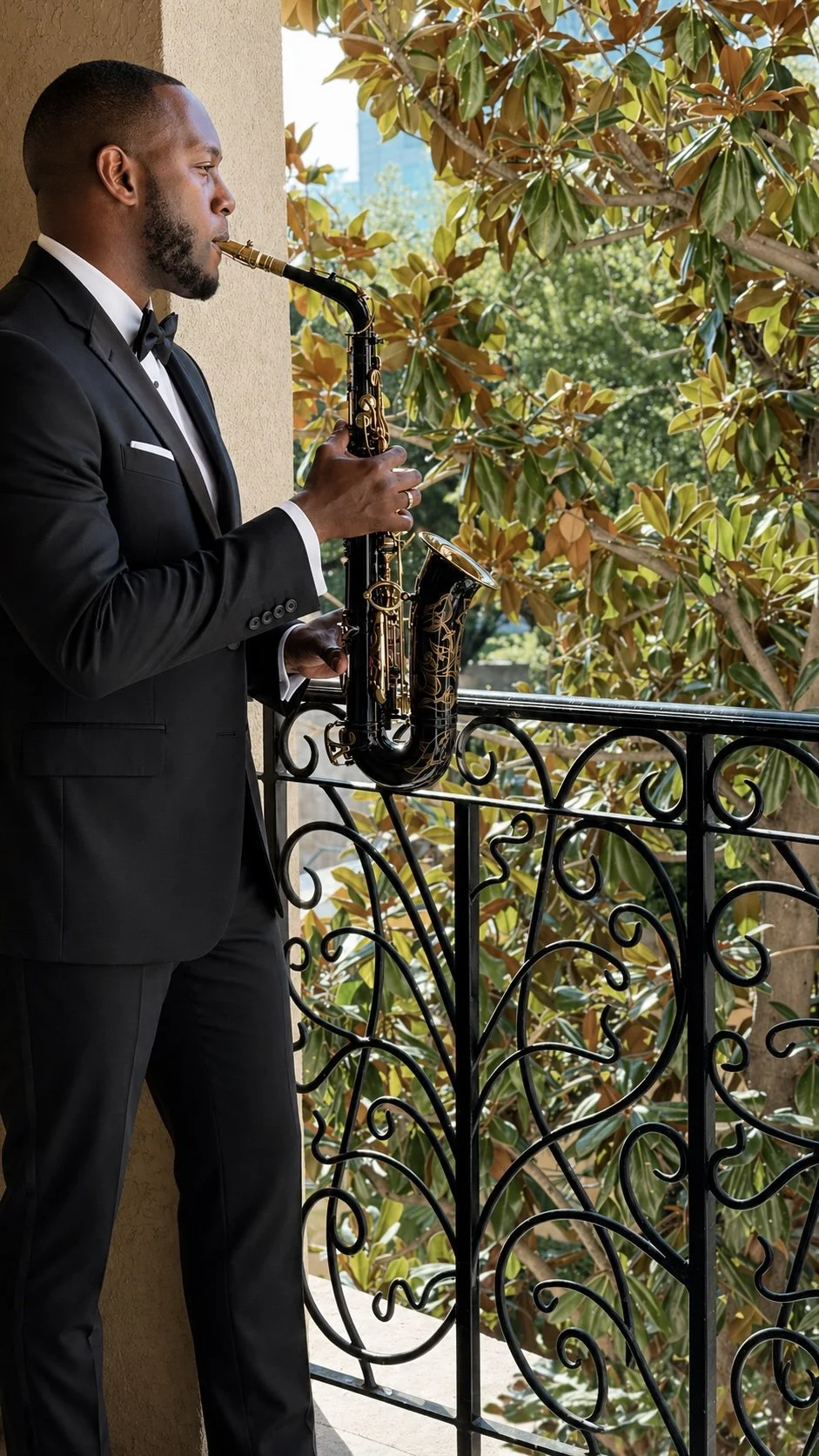 Man in black suit with saxophone on balcony with a beautiful background