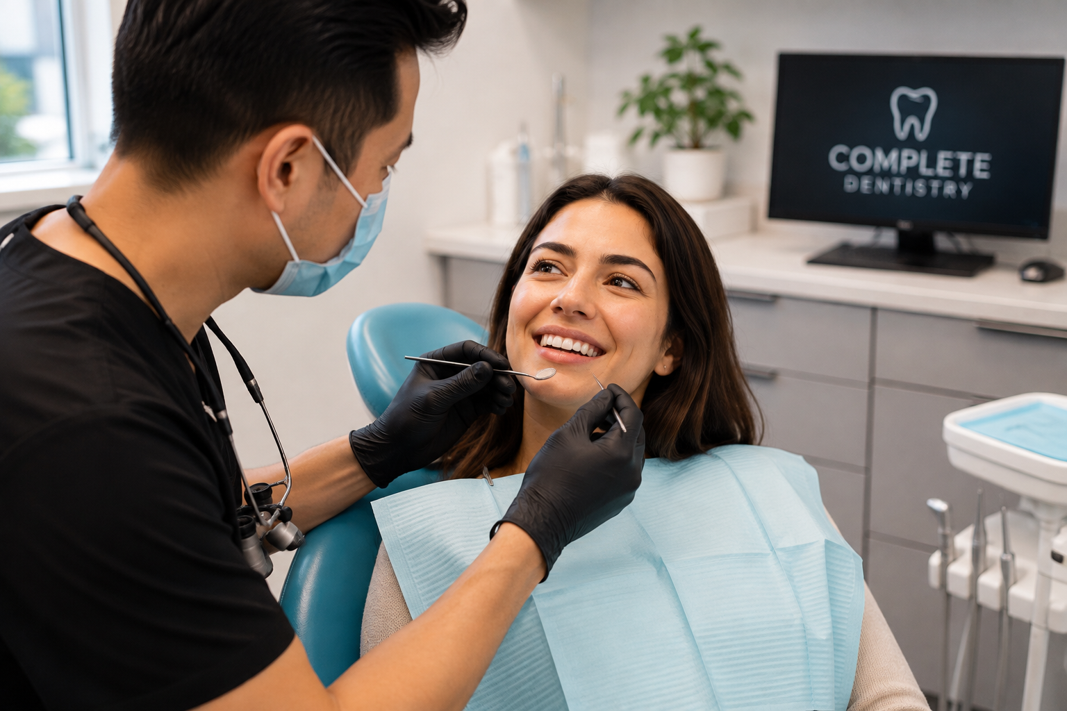 A woman at the dentist's office appears anxious as she receives dental treatment from a dentist wearing a mask and gloves, with dental X-ray images displayed on a screen in the background.