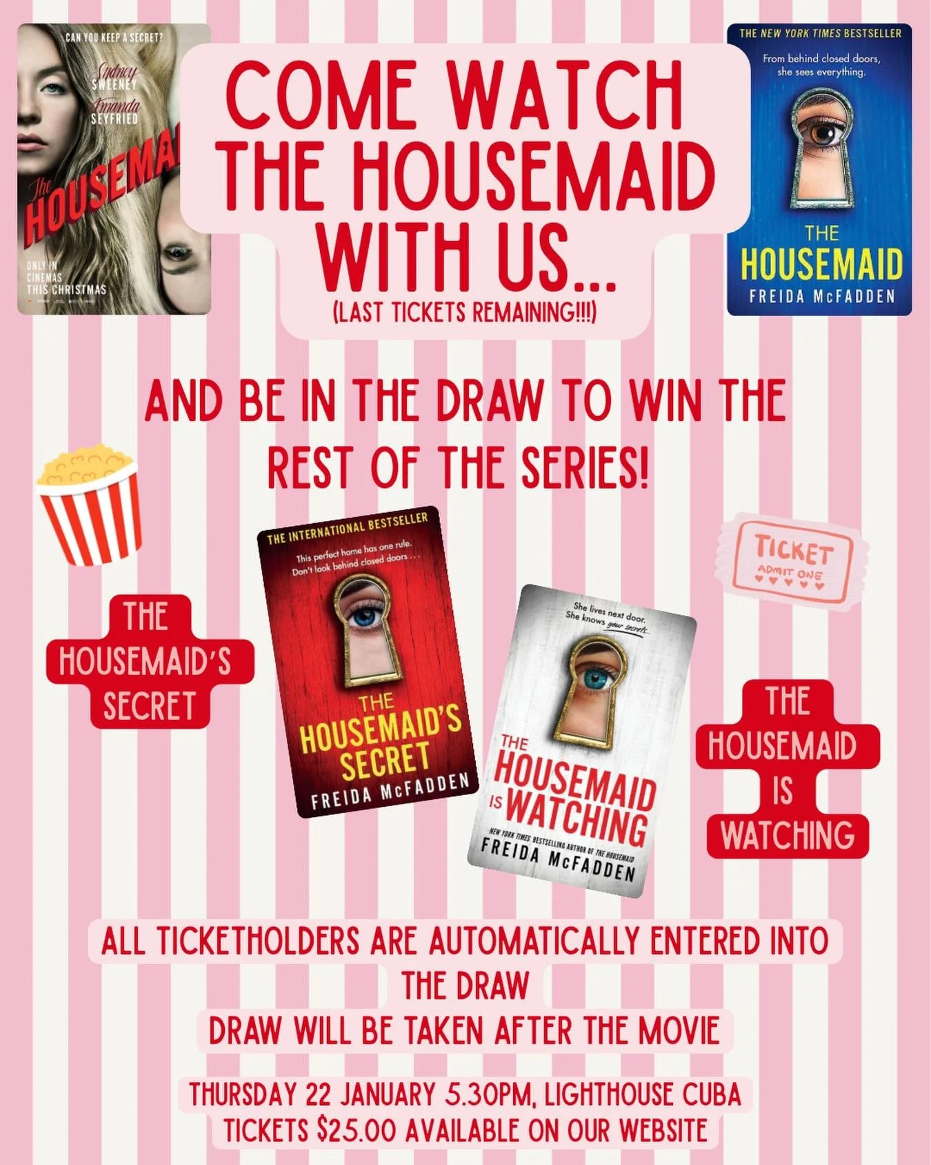Last tickets remaining 🎬
Get yours now before they sell out! 🤭🎟️ 
And if you purchase a ticket to our screening, you go into the draw to win a copy of The Housemaid sequels - The Housemaid&rsquo;s Secret and The Housemaid is Watching 
(winner will