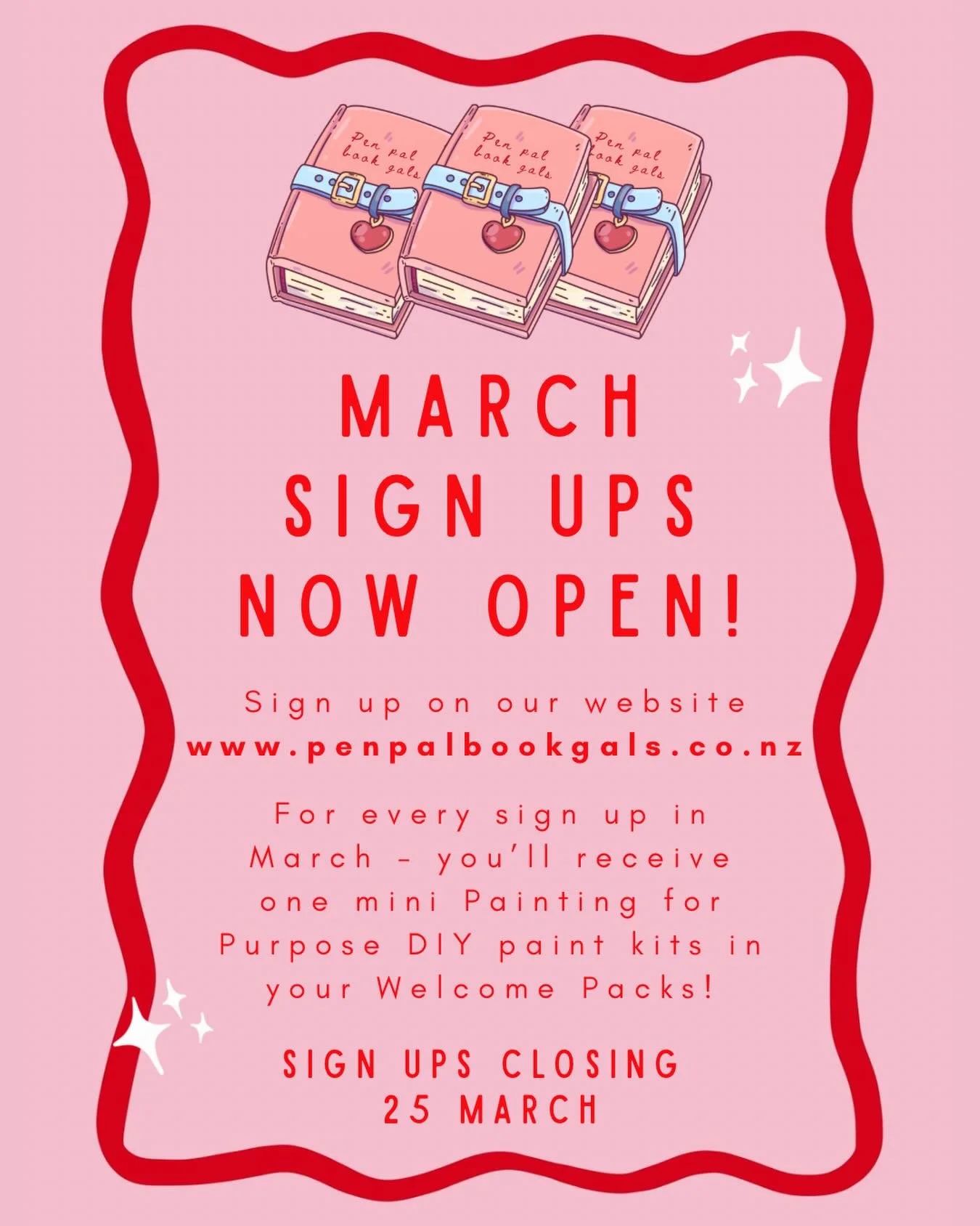 MARCH SIGNS UPS NOW OPEN! Link in bio 🔗
It&rsquo;s a special one this month 🥹 
* Every sign up will include a @paintingforpurpose.nz DIY mini paint kit 
* Together @paintingforpurpose.nz with $1 of your sign up fee will be donated to @duffybooks 
*