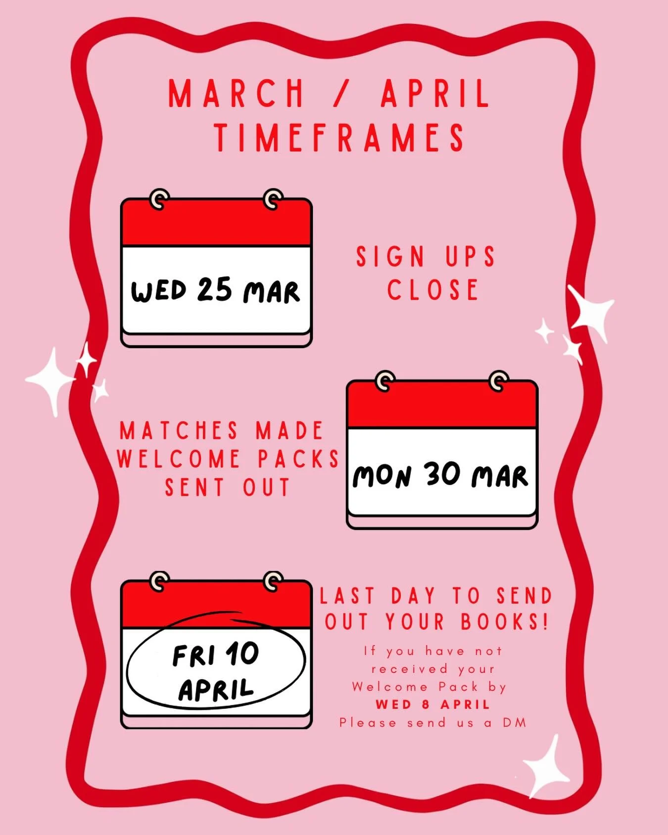 IT&rsquo;S OUR LAST DAY OF SIGN UPS 🎉🥳
Peep our timeframes of the key next steps and dates! 
🗓️ WED 25 MARCH: Sign ups close after this! 
🗓️ MON 30 MARCH: Pen Pal matches are made, allocated, and these will be sent to you in your Welcome Pack 👯&