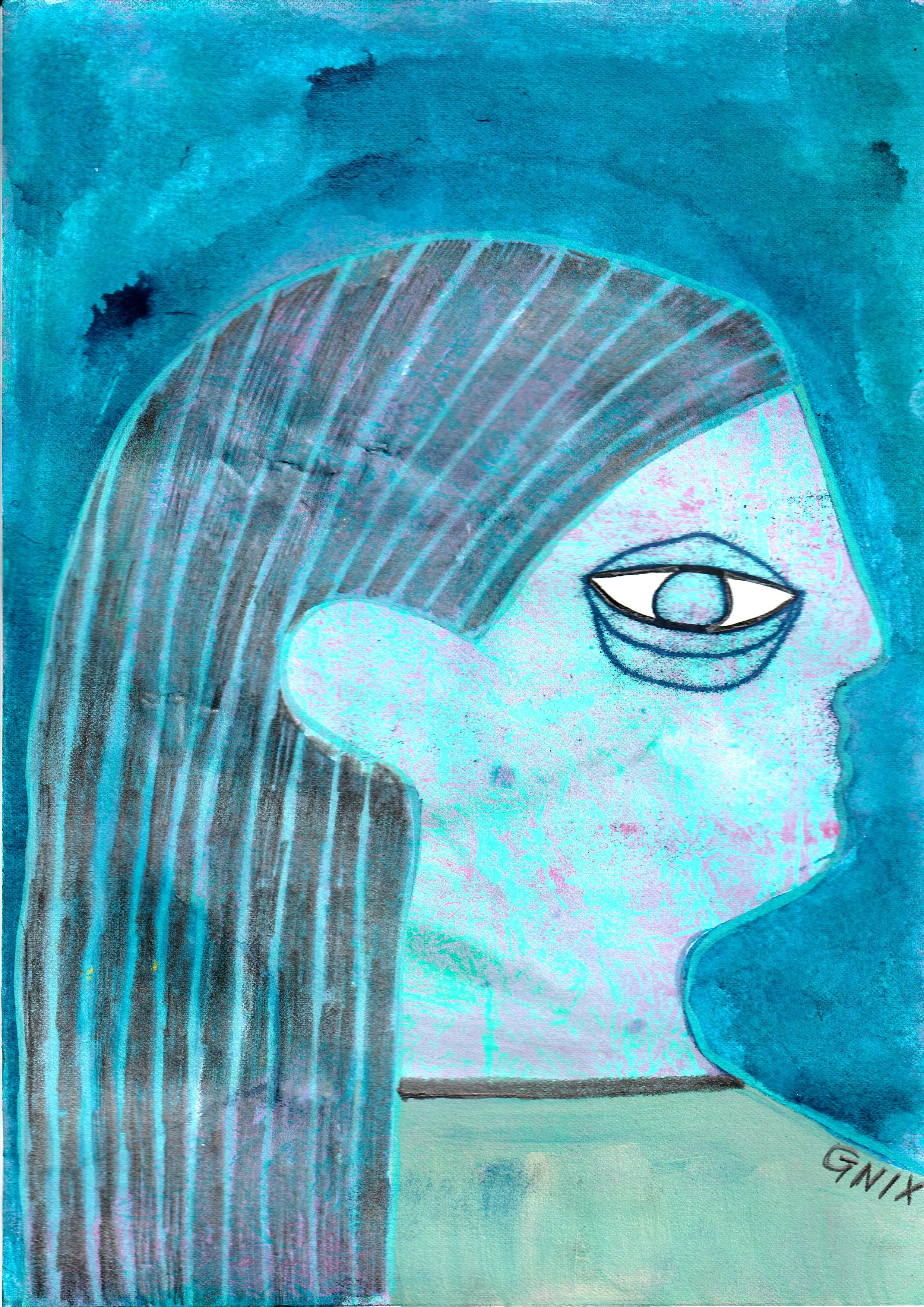 Turquoise Number 9 : A4 Original Drawing:  The Rainbow Faces Project