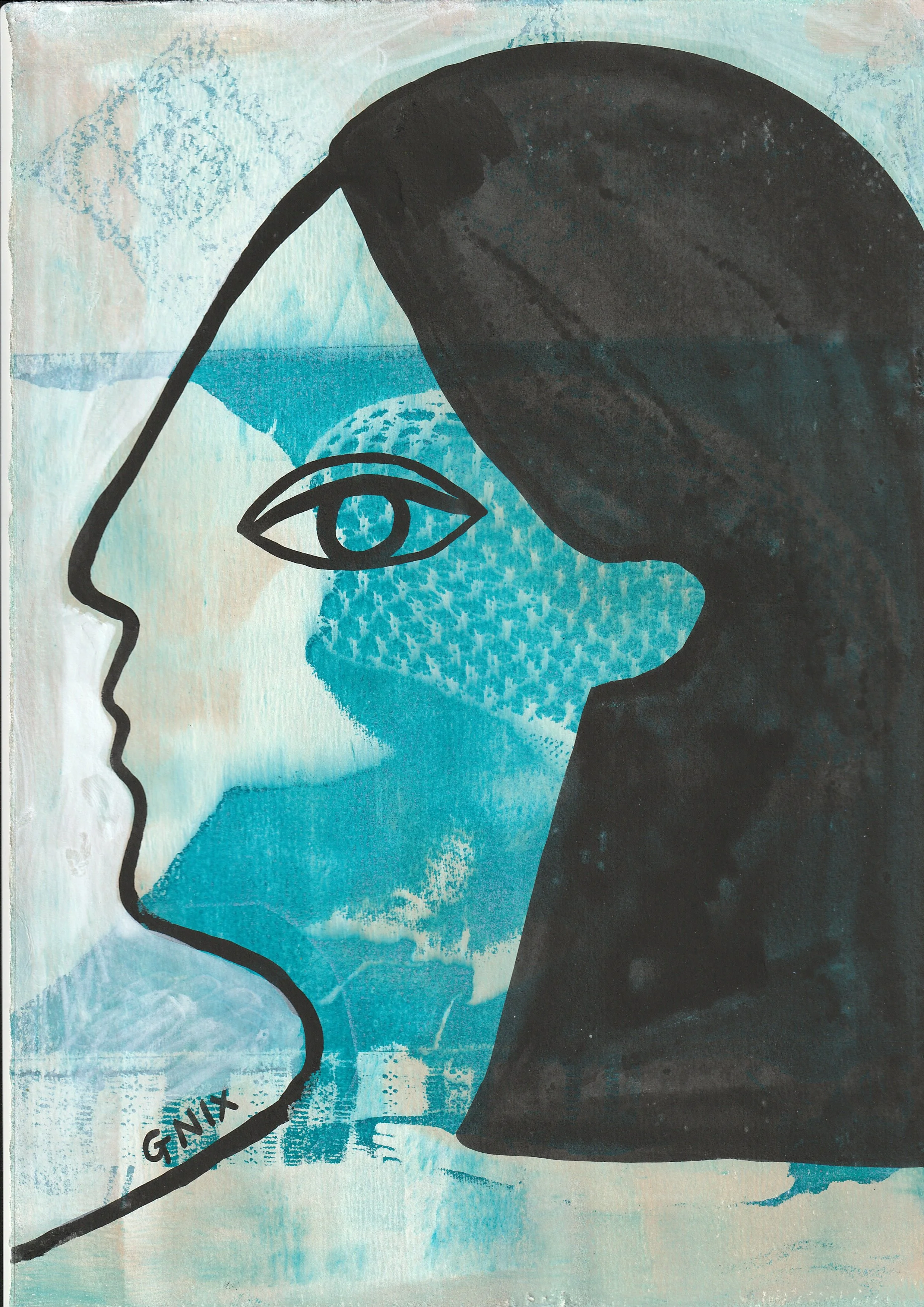 Turquoise Number 12 : A4 Original Drawing:  The Rainbow Faces Project