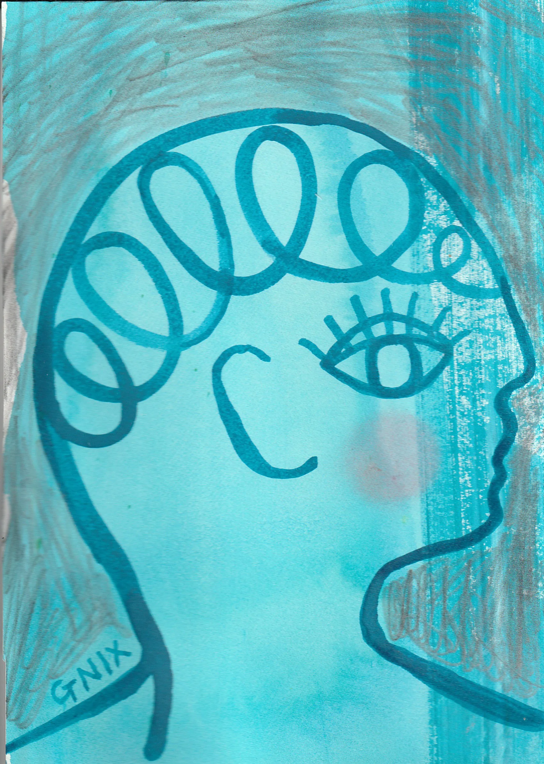 Turquoise Number 3: A5 Original Drawing:  The Rainbow Faces Project