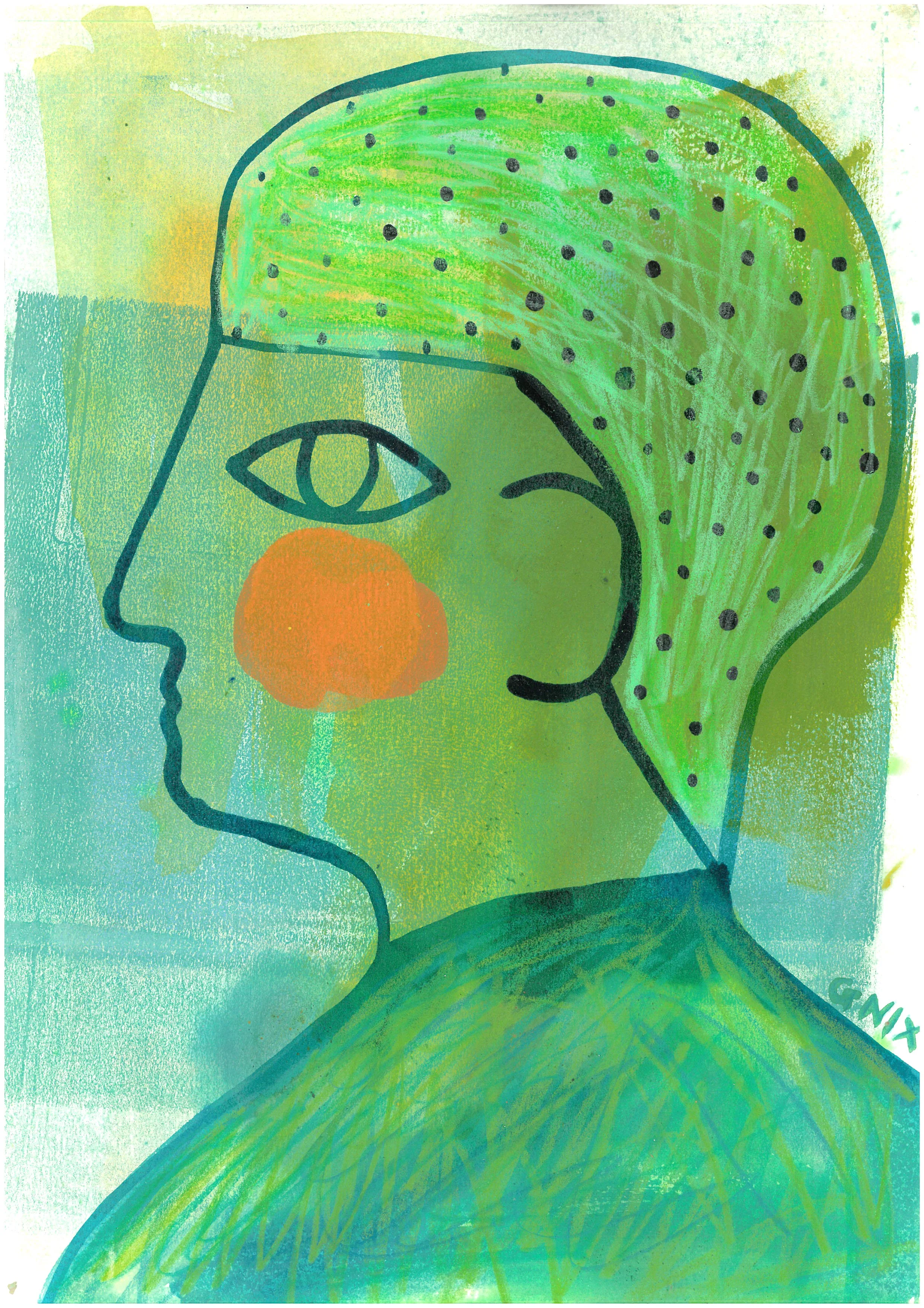 Green Number 6 : A4 Original Drawing:  The Rainbow Faces Project