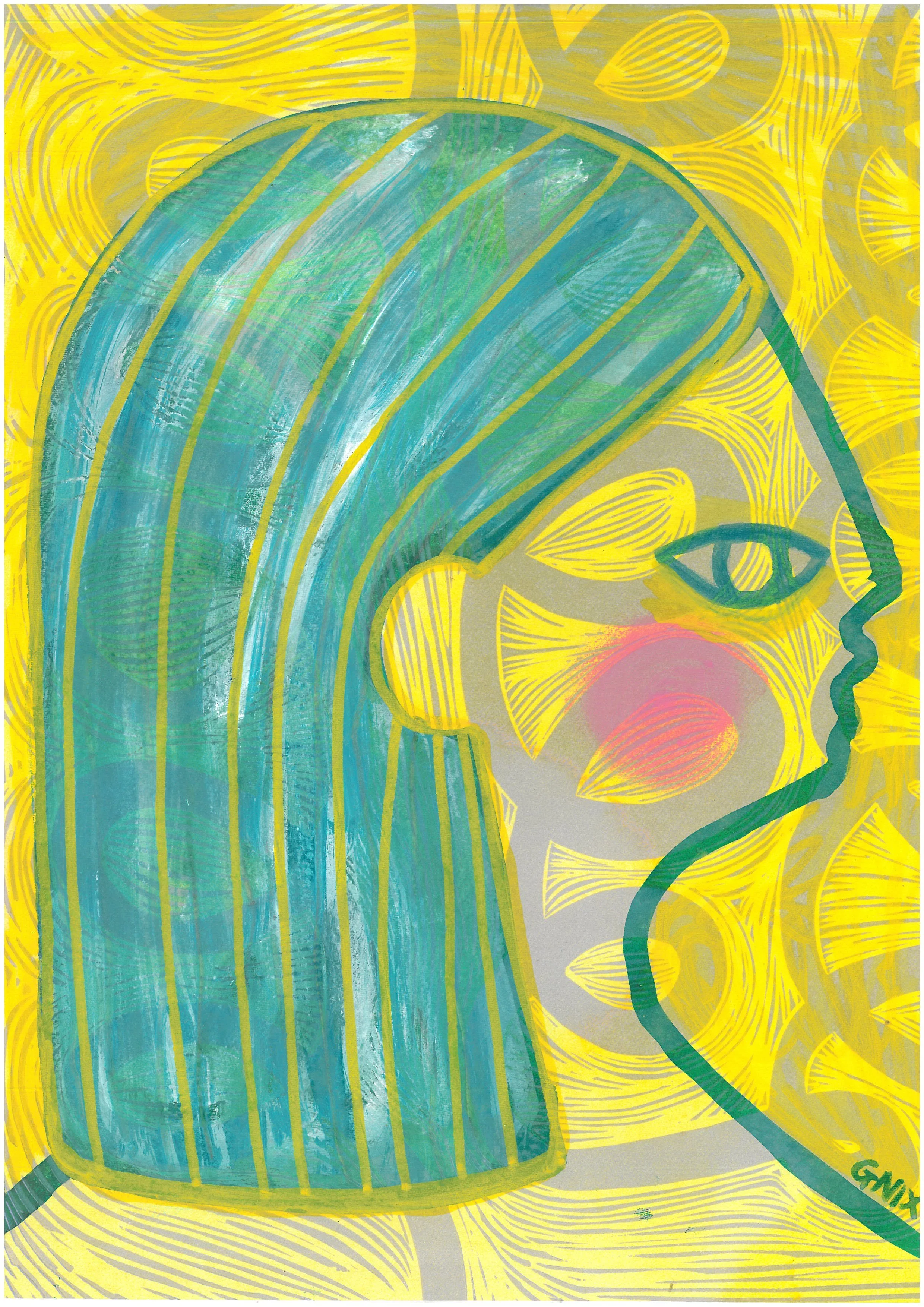 Yellow Number 9 : A4 Original Drawing:  The Rainbow Faces Project