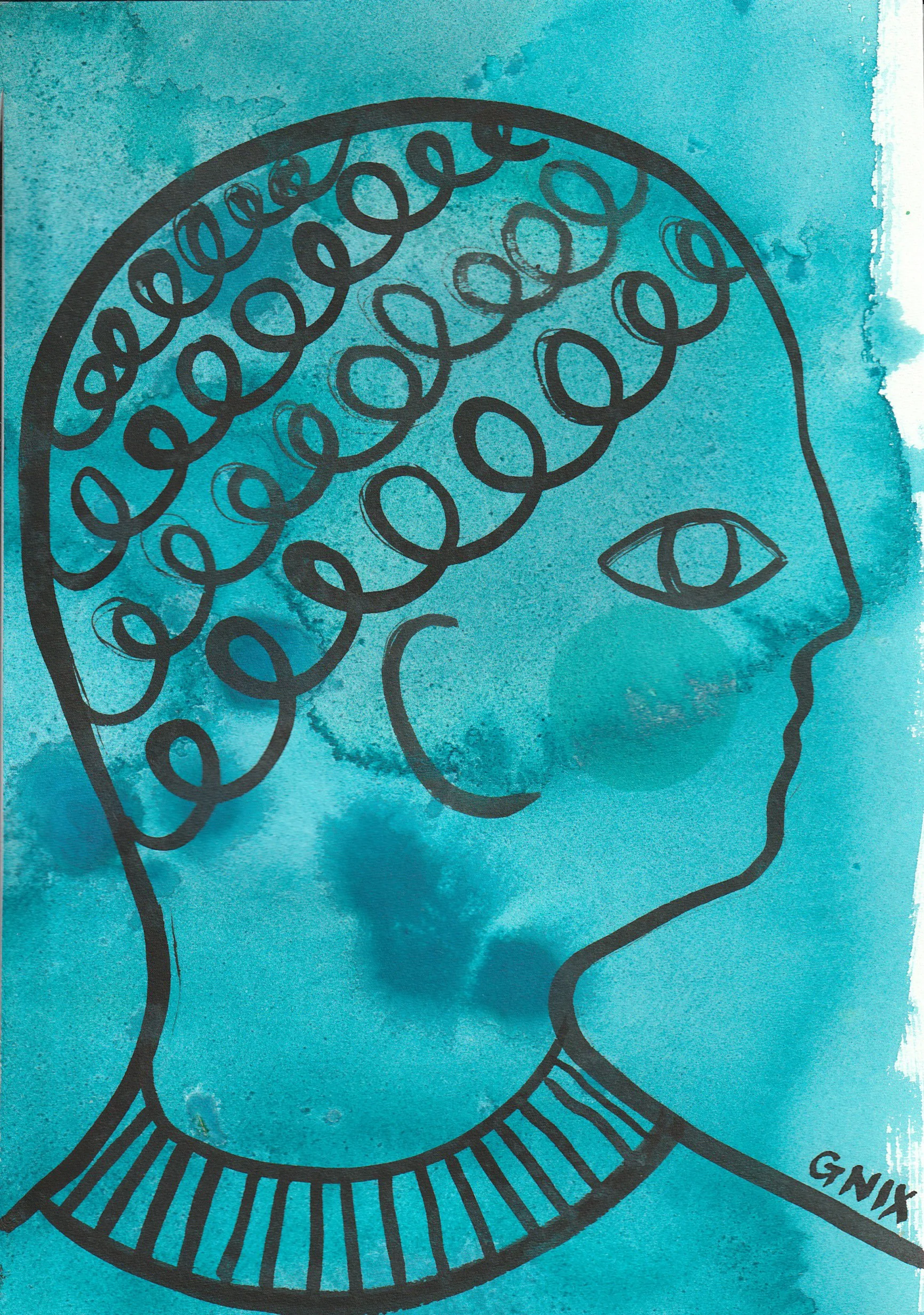 Turquoise Number 2 : A5 Original Drawing:  The Rainbow Faces Project