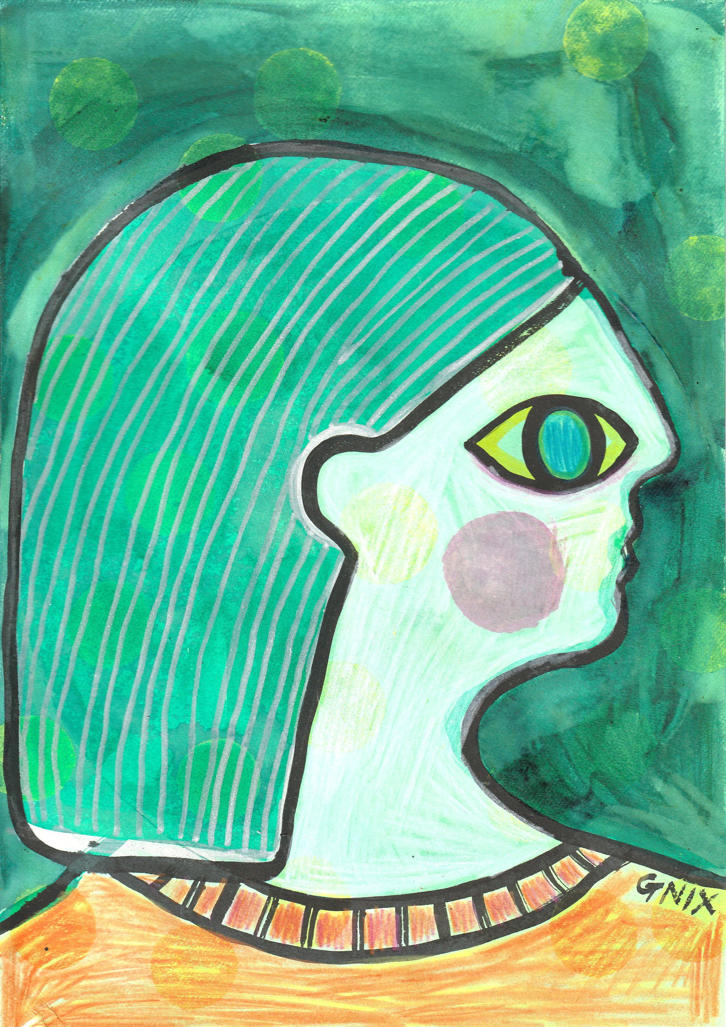 Green Number 15 : A4 Original Drawing:  The Rainbow Faces Project