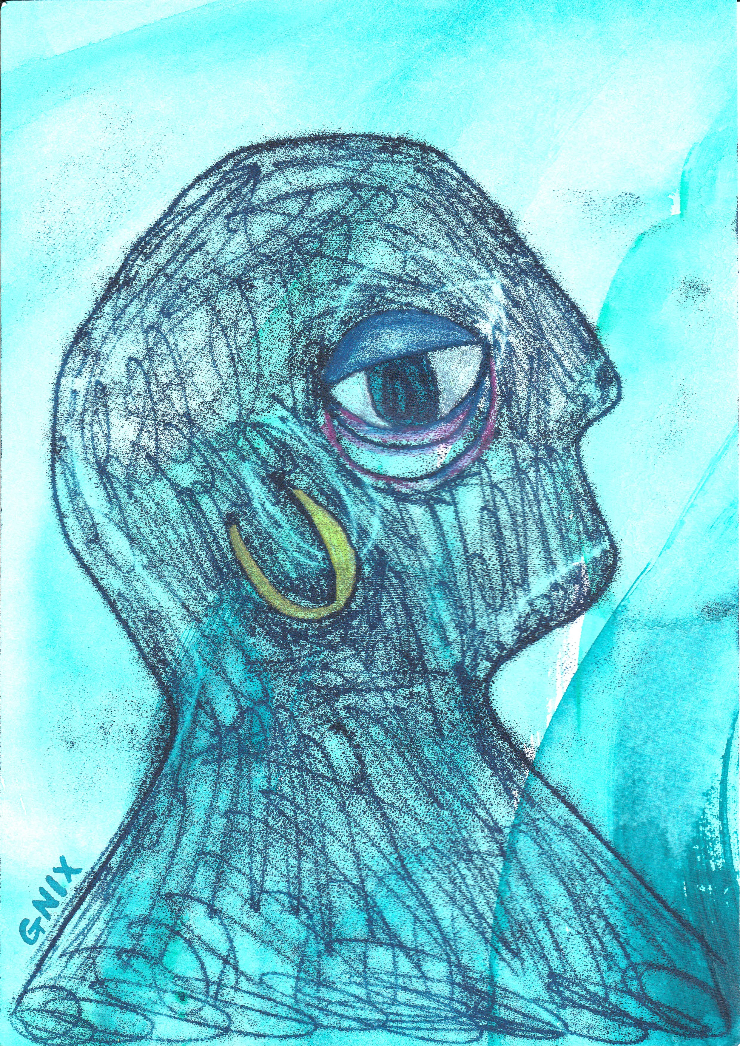 Turquoise Number 10 : A4 Original Drawing:  The Rainbow Faces Project