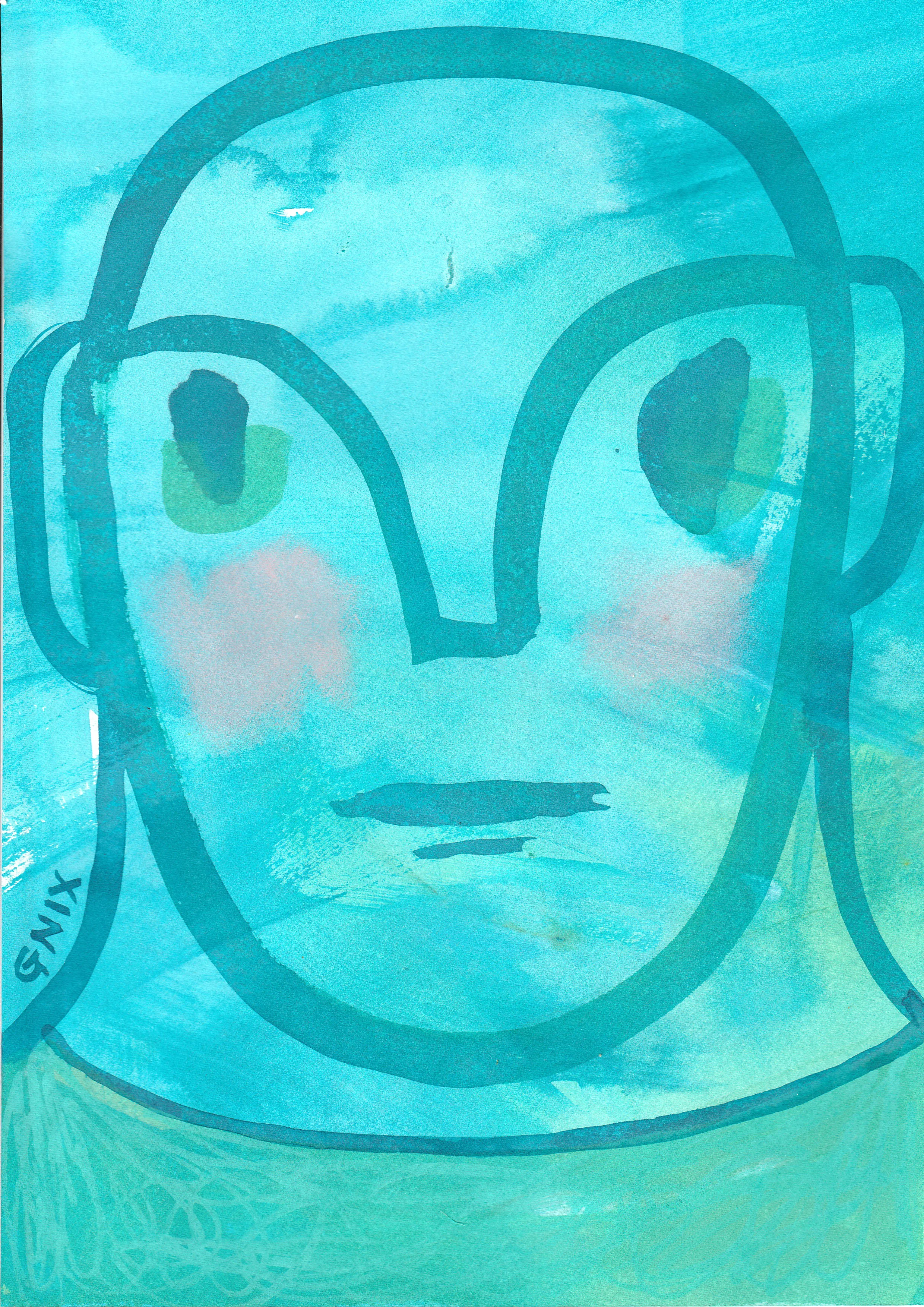 Turquoise Number 14 : A4 Original Drawing:  The Rainbow Faces Project