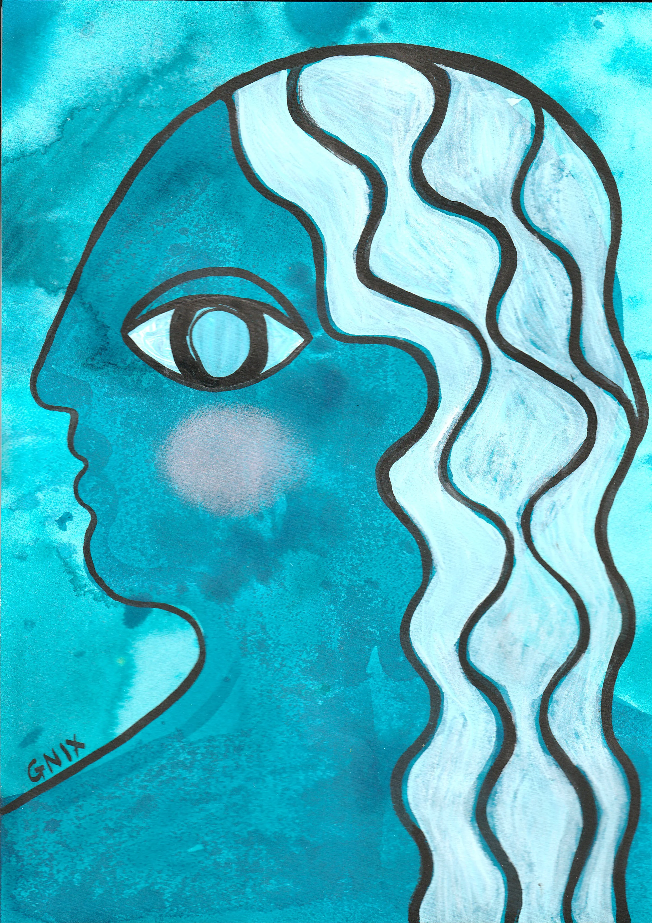 Turquoise Number 13 : A4 Original Drawing:  The Rainbow Faces Project