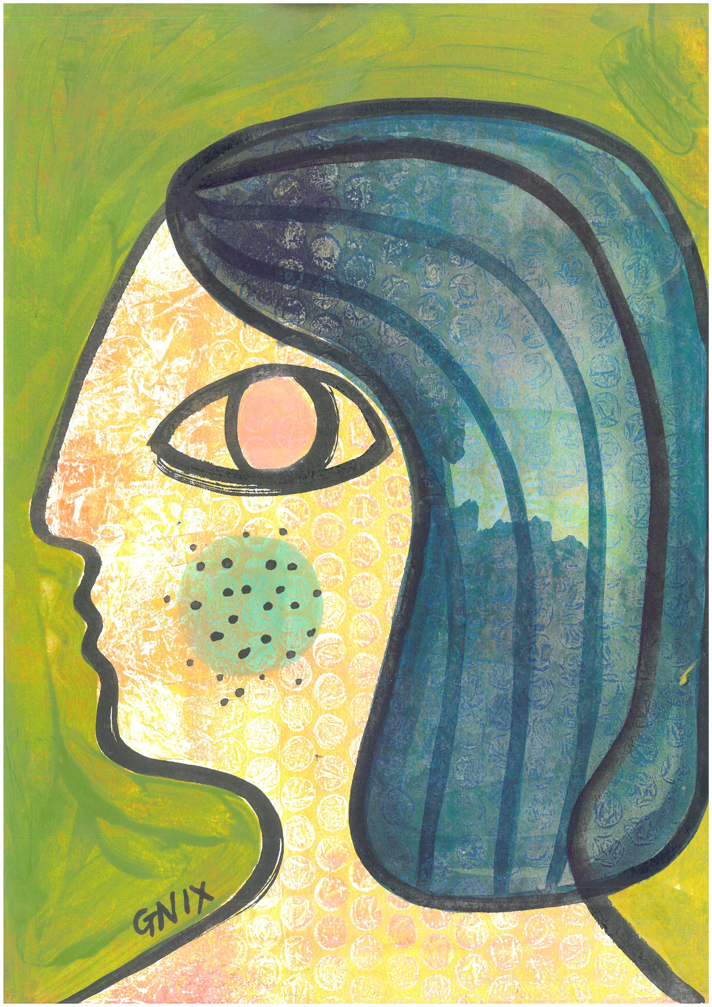 Green Number 7 : A4 Original Drawing:  The Rainbow Faces Project