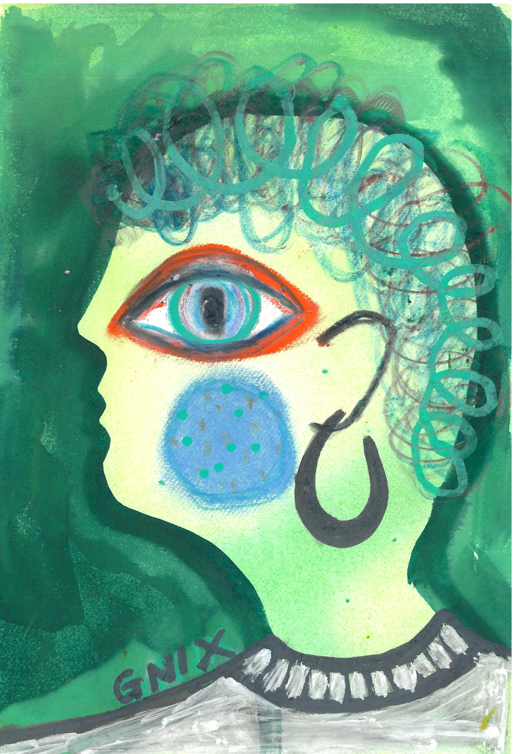 Green Number 3 : A5 Original Drawing:  The Rainbow Faces Project