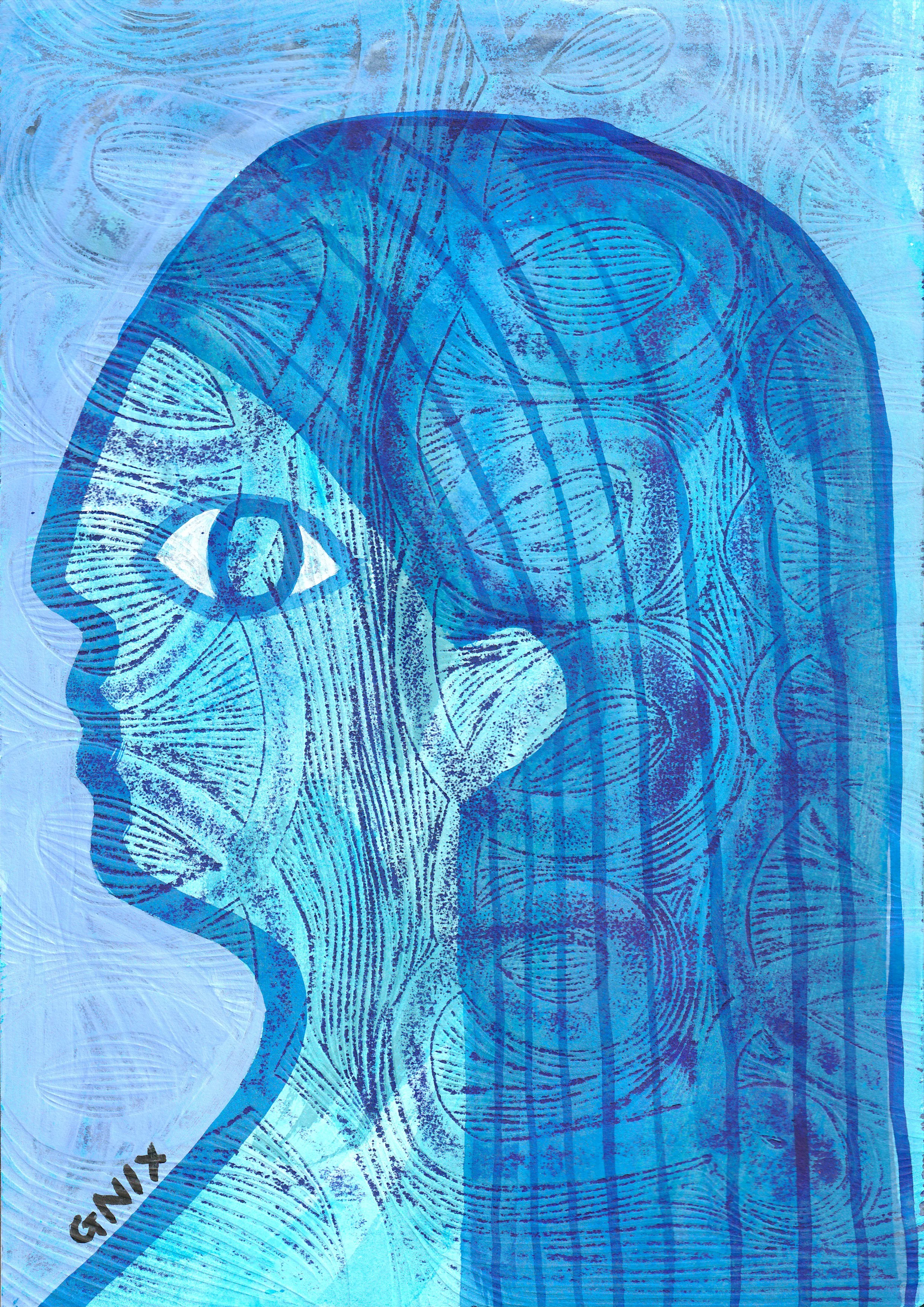 Blue Number 6: A4 Original Drawing:  The Rainbow Faces Project