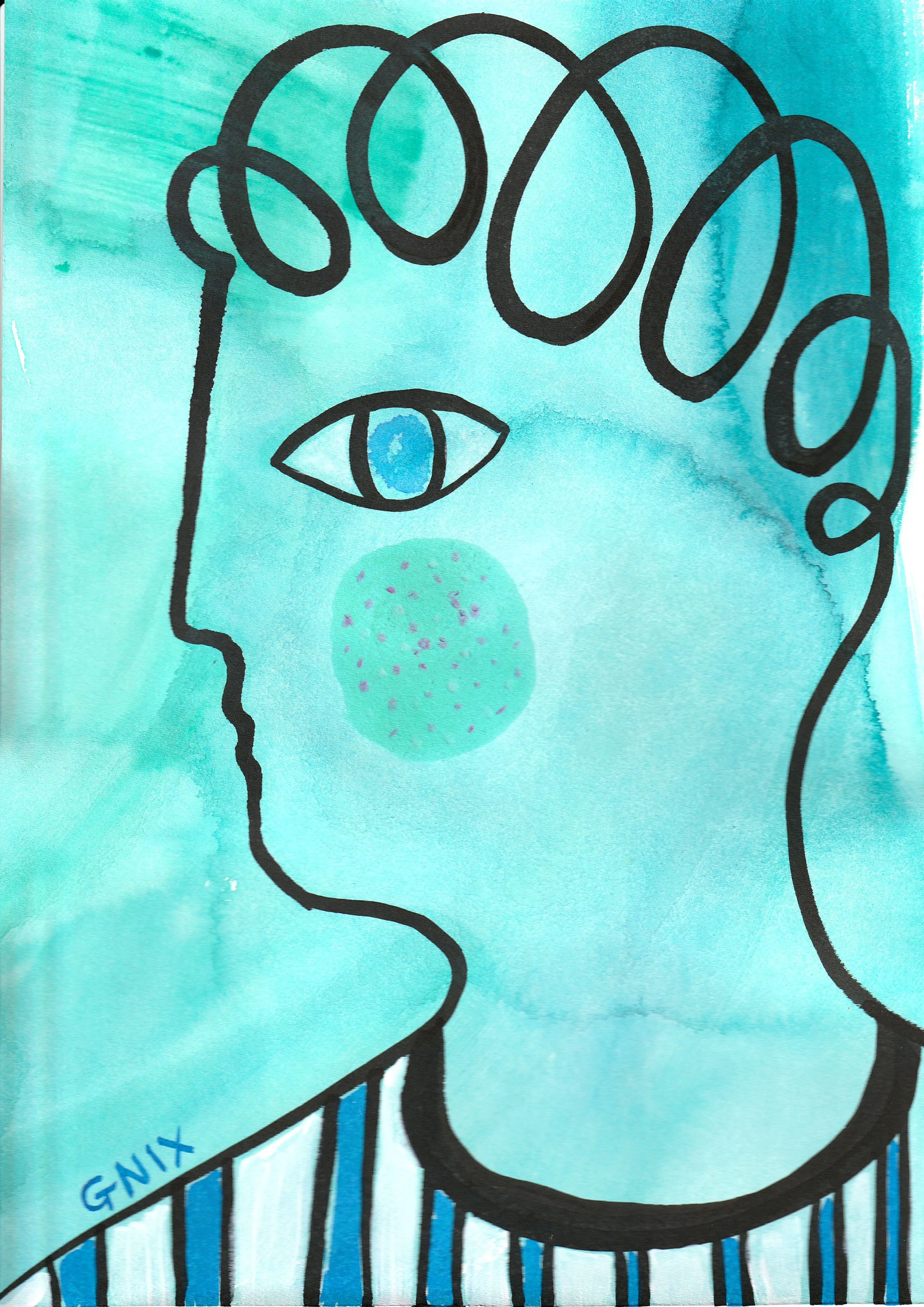 Turquoise Number 4 : A4 Original Drawing:  The Rainbow Faces Project