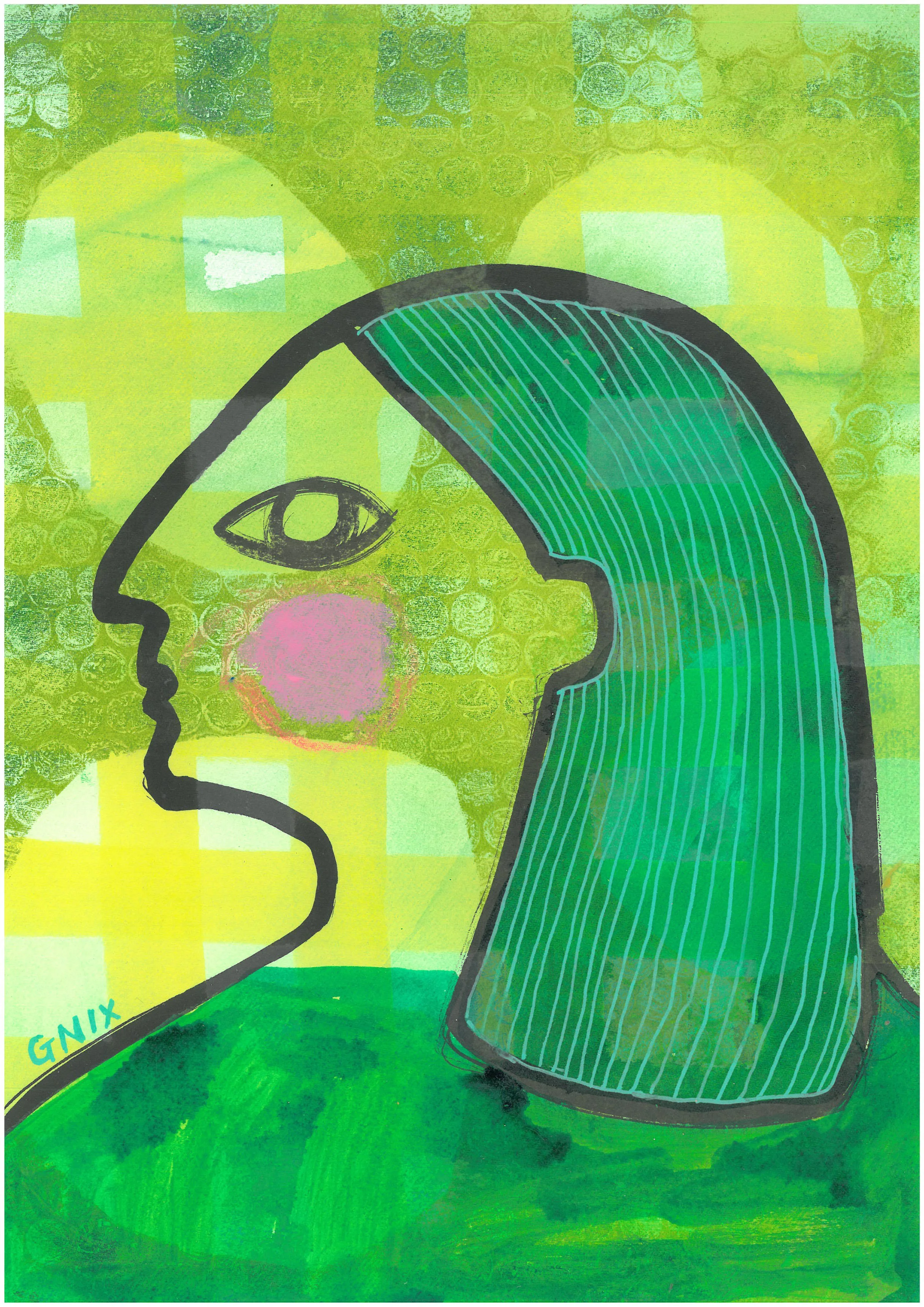 Green Number 5 : A4 Original Drawing:  The Rainbow Faces Project