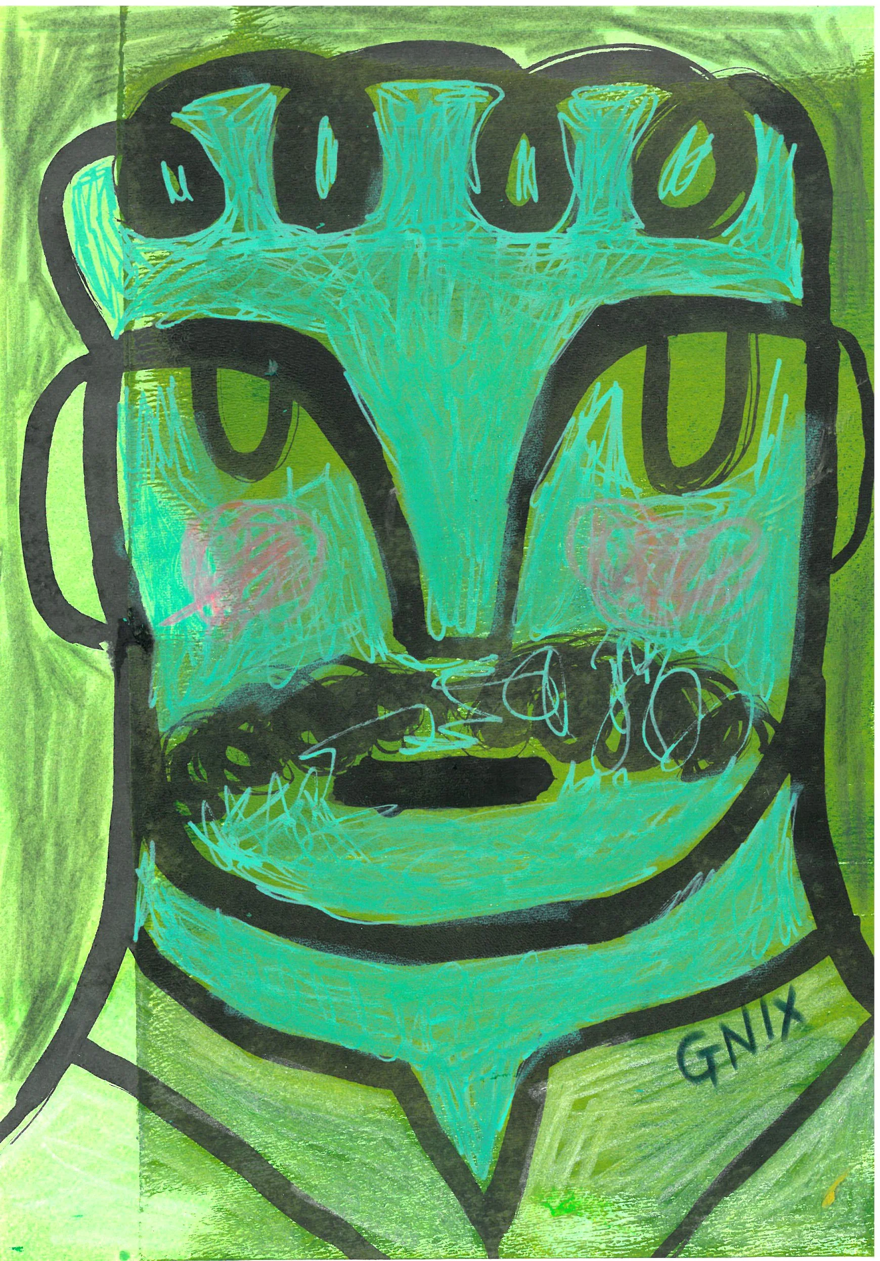 Green Number 4 : A5 Original Drawing:  The Rainbow Faces Project