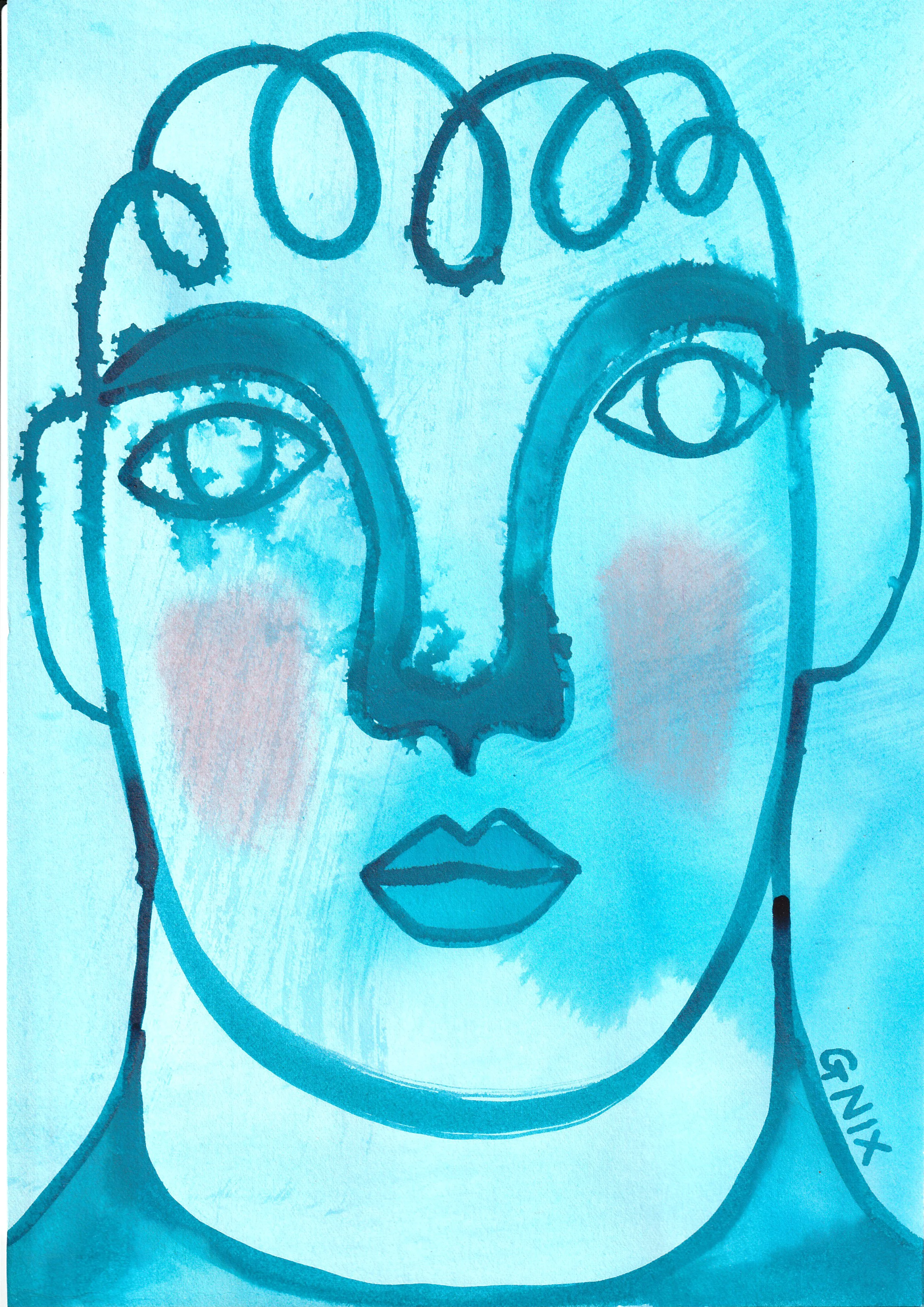 Blue Number 12: A4 Original Drawing:  The Rainbow Faces Project