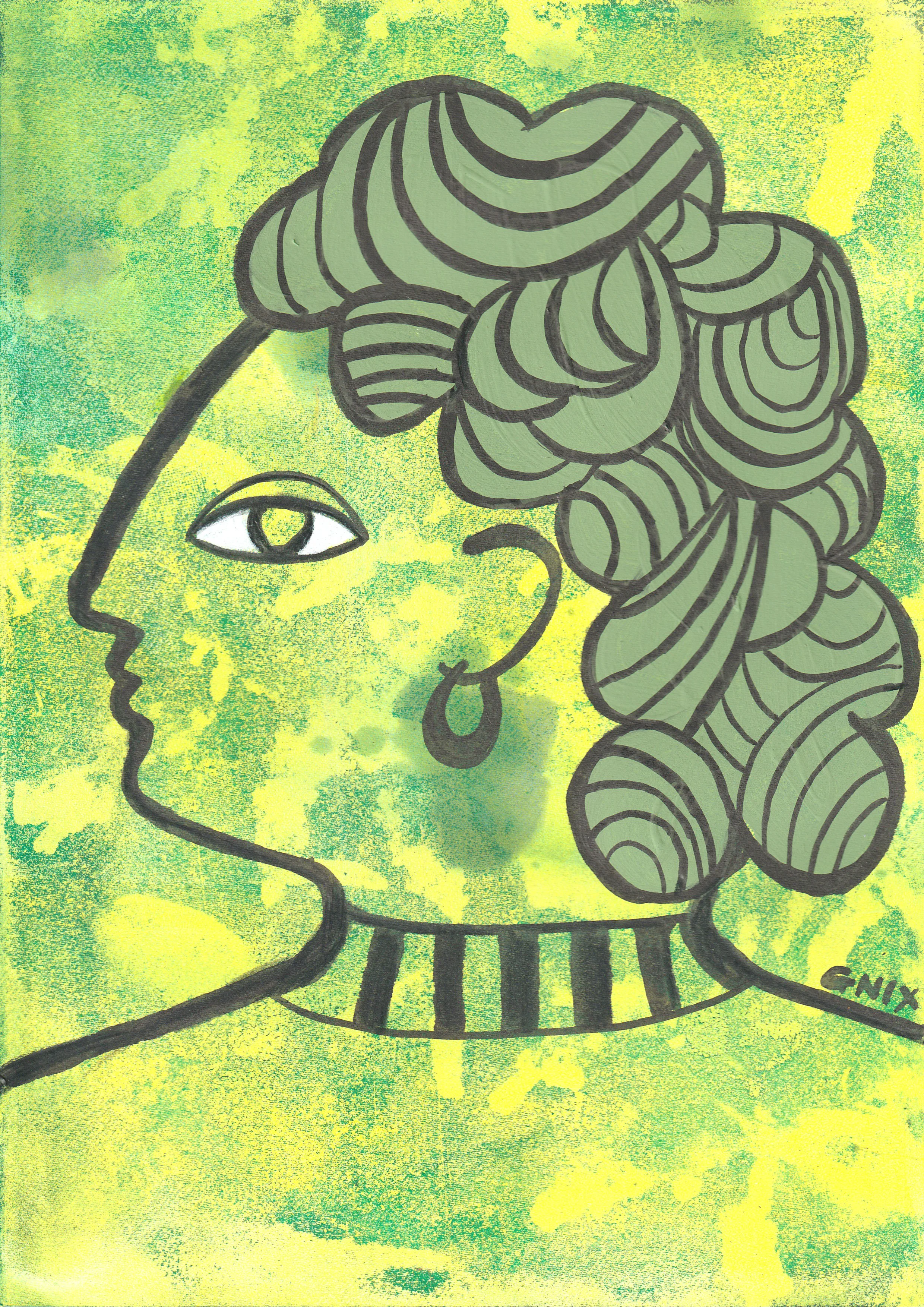 Green Number 14 : A4 Original Drawing:  The Rainbow Faces Project