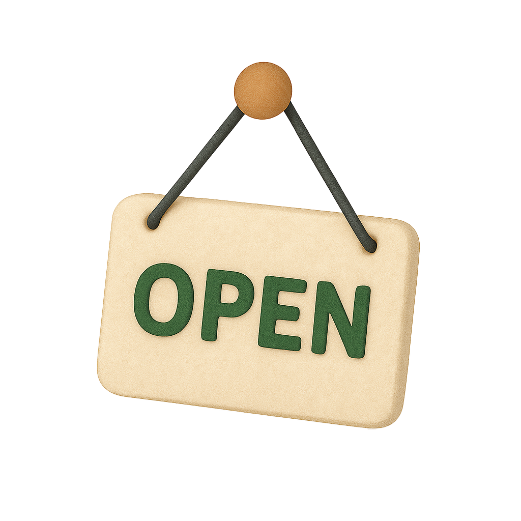 Signboard hanging with the word 'OPEN' in green letters