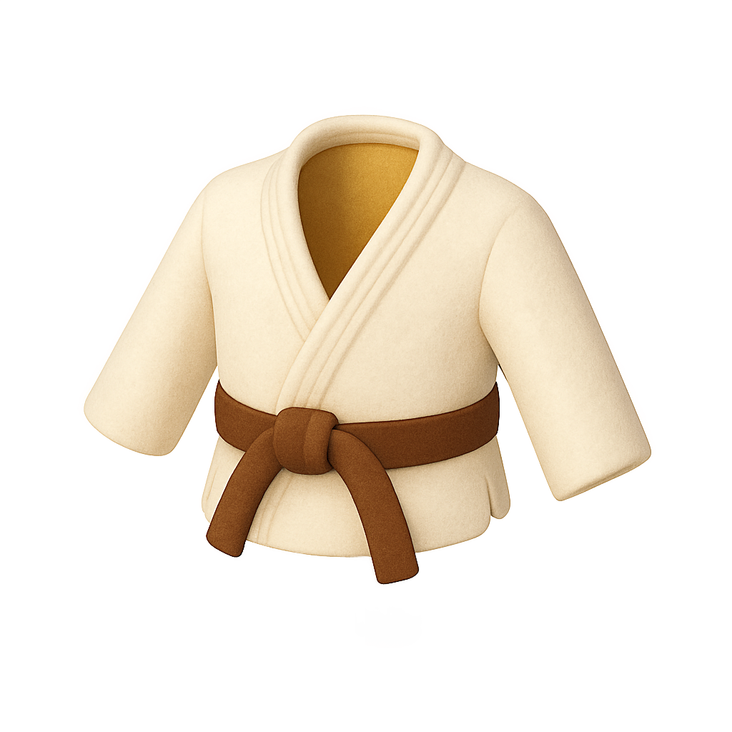 A cartoon-style depiction of a beige martial arts gi with a brown belt.