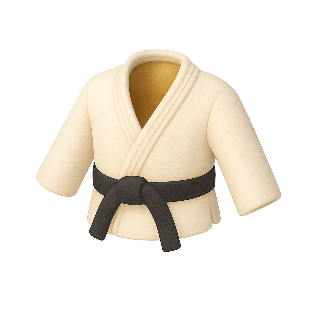 A white plush toy in the shape of a karate gi with a black belt.