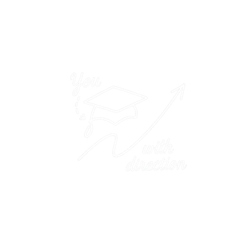 A white illustration with a graduation cap and a graph arrow pointing upward, with the text 'You with direction'.