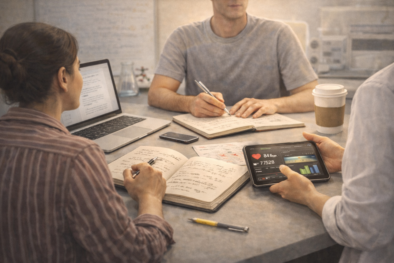 Group of three people working at a table with laptops, notebooks, pen, smartphone, and a tablet showing health data and heart rate monitoring.