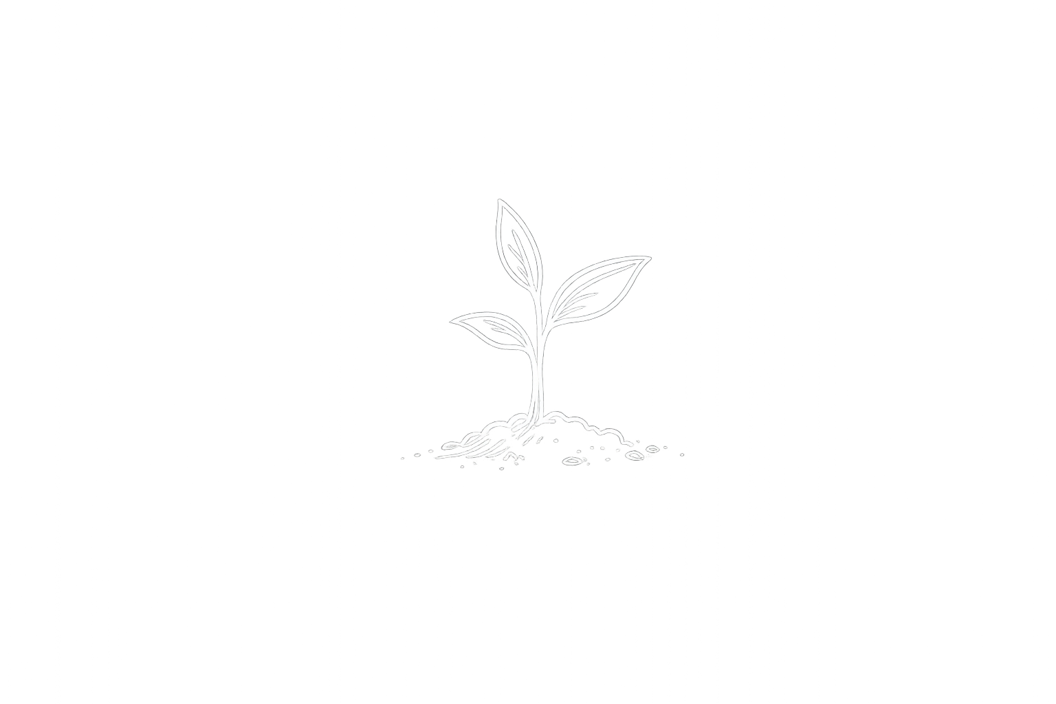 Line drawing of a young plant with three leaves emerging from soil on black background.