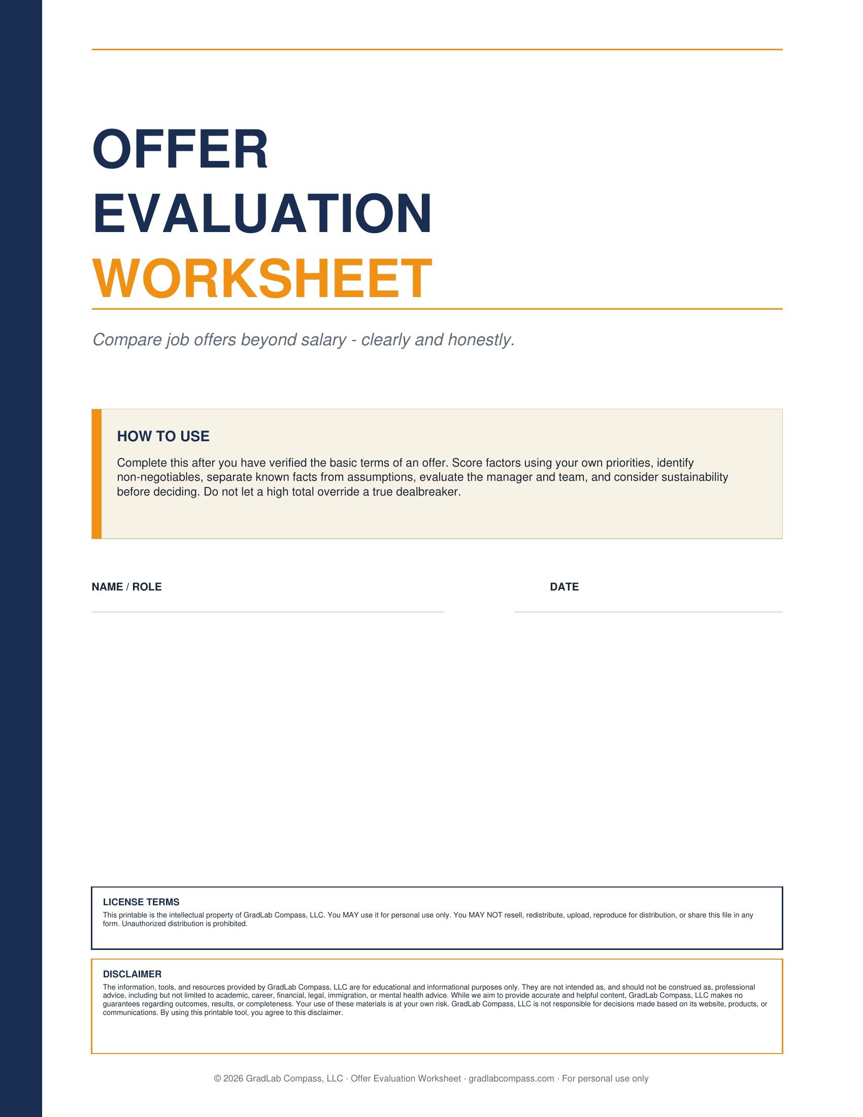 Offer Evaluation Worksheet