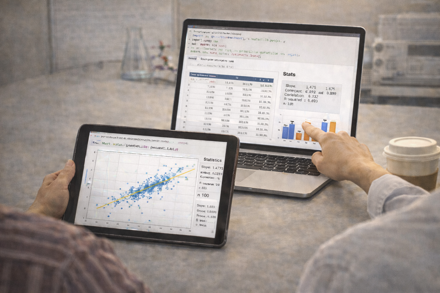 Two people working with data analysis on laptop and tablet on grey table, with charts and graphs displayed.