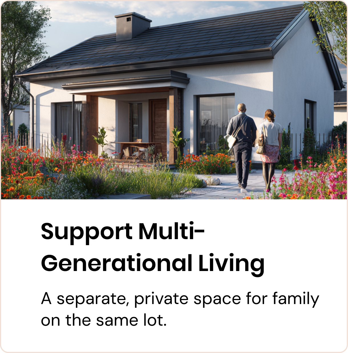 Family walking toward a detached ADU cottage for multigenerational living in NYC