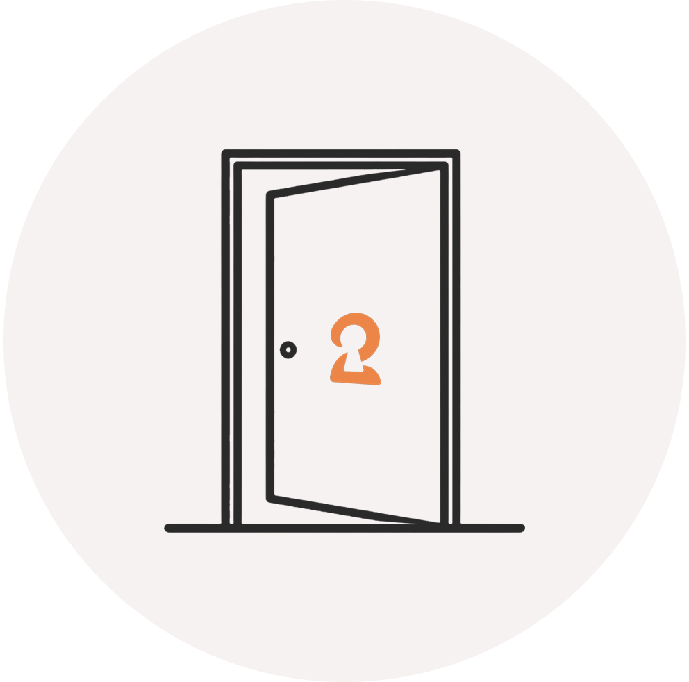 Minimalist illustration of a slightly ajar door with a keyhole, featuring a person's silhouette in orange on the door.